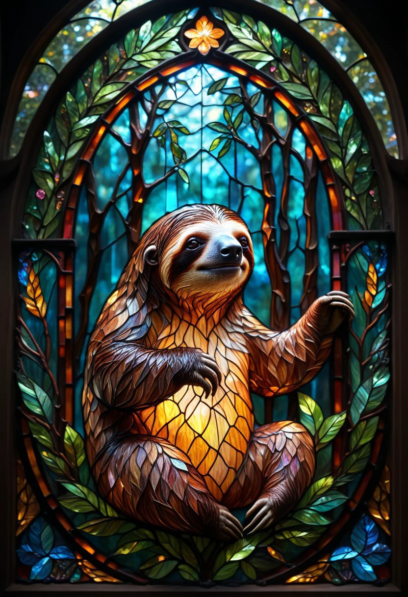 Glowing Stained Glass, elaborate sloth, rainforest