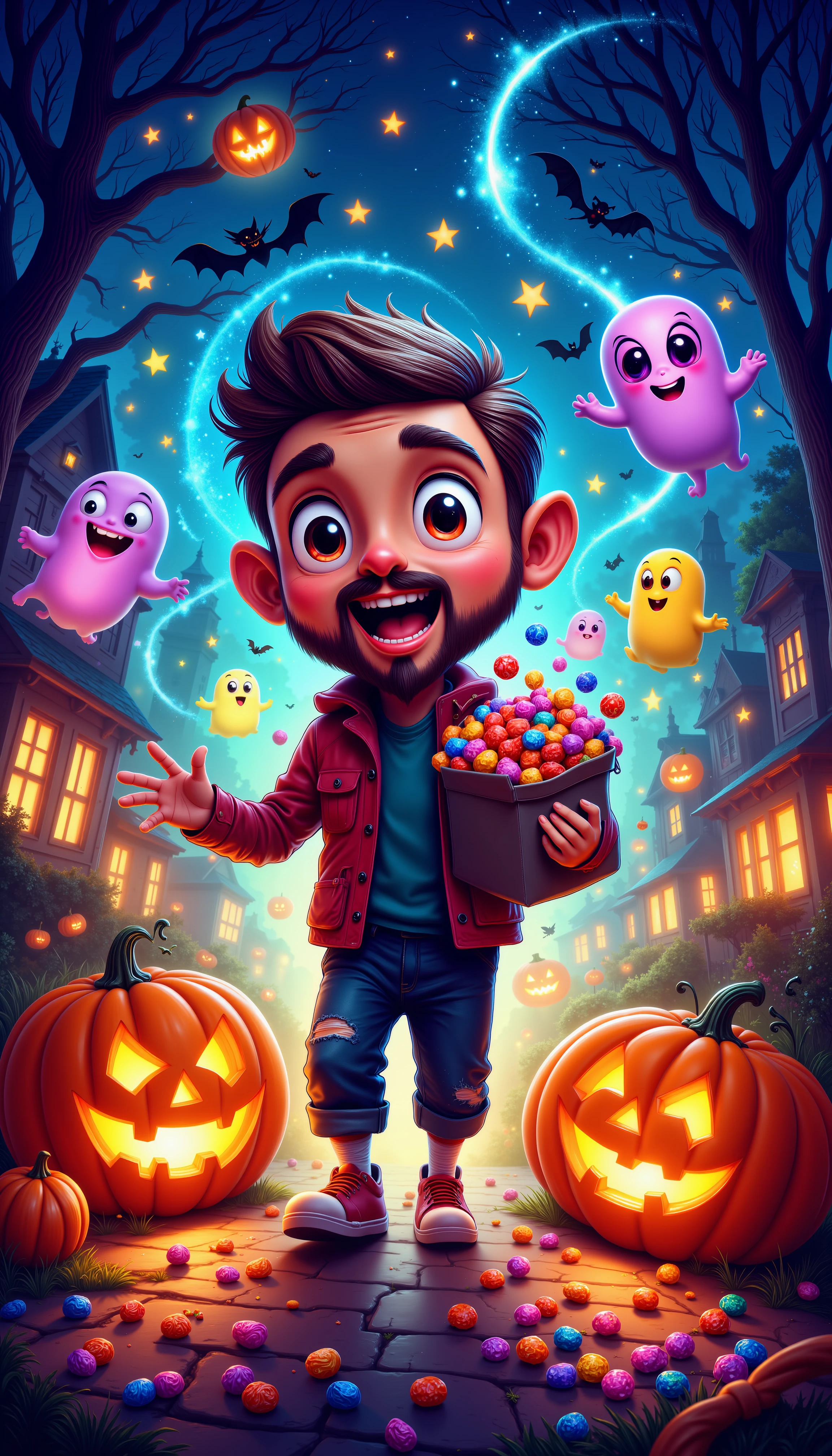 A vibrant, cartoon-style depiction of an adult holding a bag full of candy while trick-or-treating around the block., <lora:Flux_Trick or Treat ð»ð¬_epoch_5.safetensors:1.1:1.1>