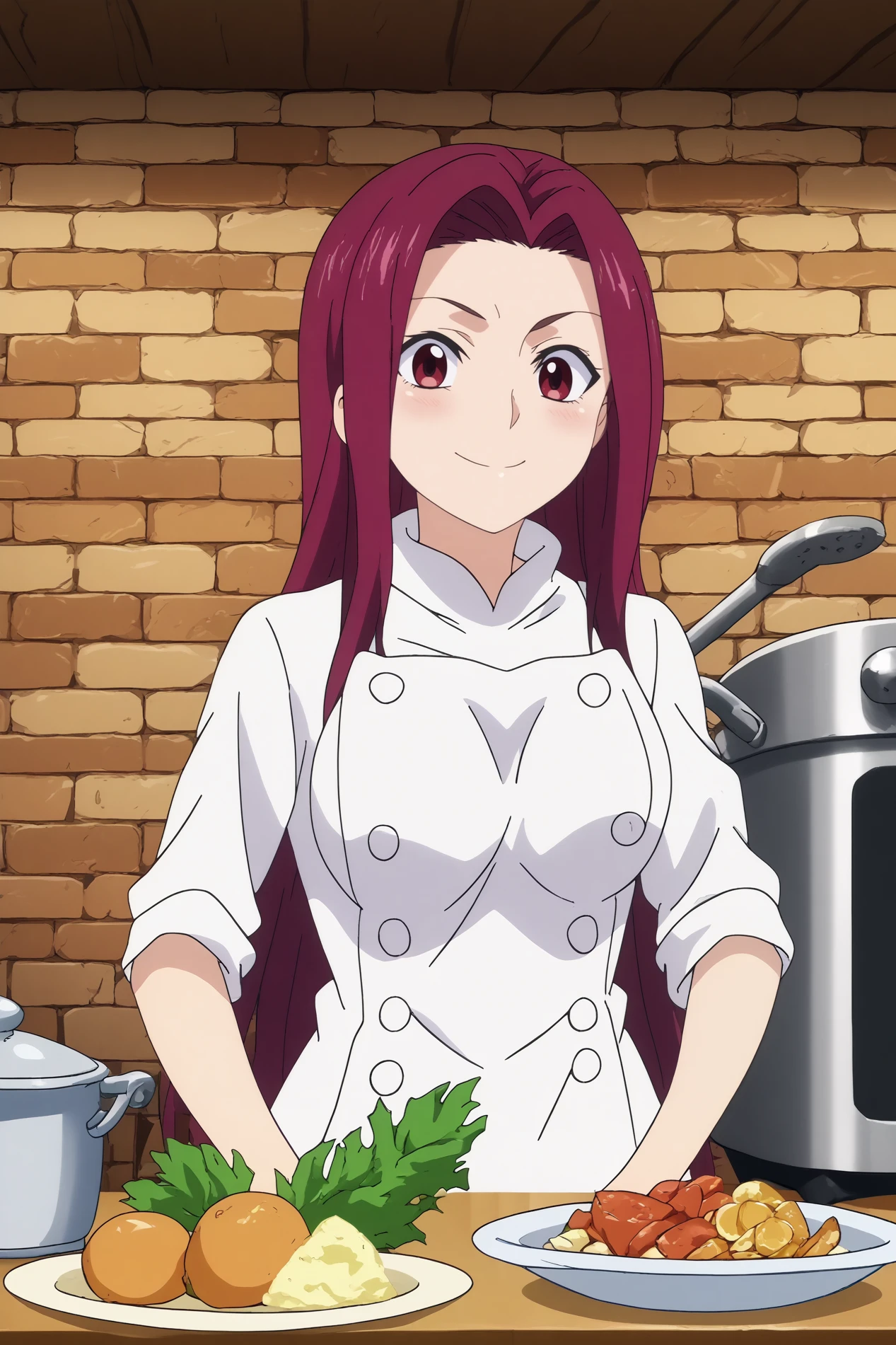  sakaki ryoko,1girl,solo,looking_at_viewer,purple hair, long hair,smile,breasts,chef,white shirt,white pants,smile,blush,upper body,cooking BREAK indoors,Cozy,white walls,small sink, marble countertop, food,vegetables,fridge,fruit, warm light, vintage stove behind,window with a garden, kitchen,orange brick wall,restaurant kitchen   <lora:Sakaki_Ryoko_-_Food_Wars.safetensors:0.8> <lora:detailed_backgrounds_v2.safetensors:0.8>