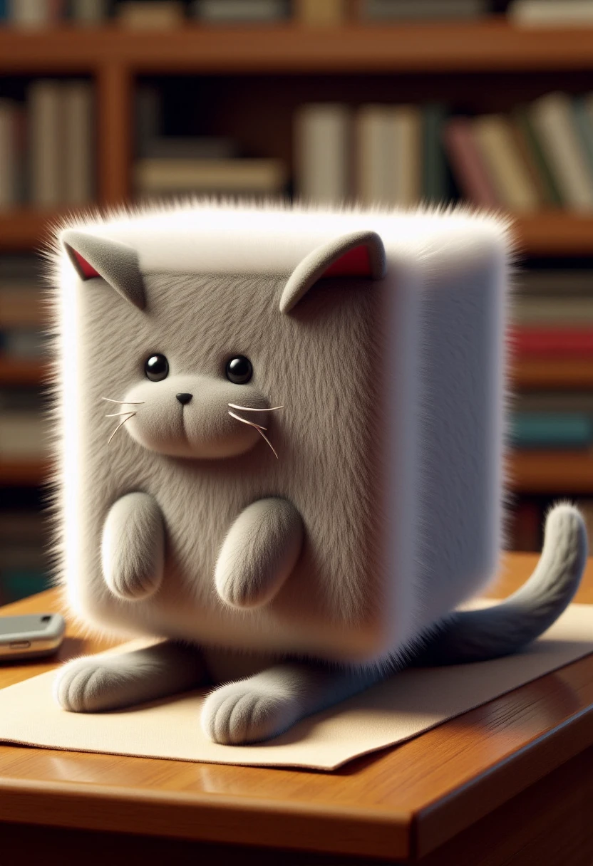 <lora:Cubic_Creature_Creator_FLUX:1.2>
The image is a highly detailed, digital artwork featuring a stylized, anthropomorphic cat. The cat is depicted with a unique, cube-shaped body covered in a thick, fluffy coat of fur that resembles a piece of fabric or upholstery. It is on a table.