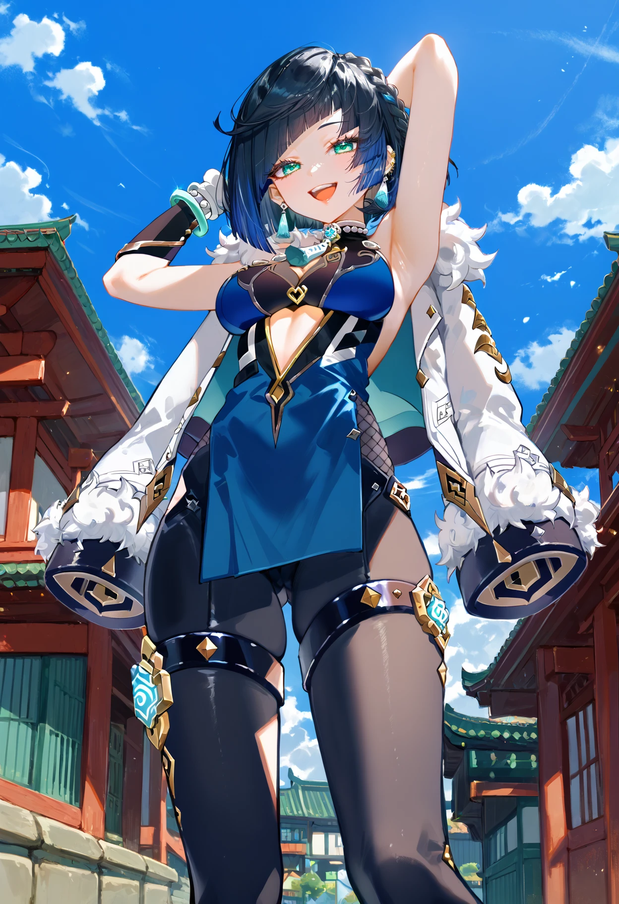 score_9, score_8_up, score_7_up, score_6_up, best quality, source_anime BREAK, UIIVstyle, 1girl, yelan (genshin impact), armpits, large breasts, east asian architecture, asymmetrical gloves, dice, short hair, neck tassel, single elbow glove, mismatched gloves, blue hair, elbow gloves, blue sky, fur trim, bracelet, bob cut, smile, looking at viewer, open mouth, diagonal bangs, green eyes, fur-trimmed jacket, white jacket, jewelry, outdoors, multicolored hair, cloud, blue dress, white gloves, black hair, mole on breast, sleeveless, jacket on shoulders, fingerless gloves, black gloves, building, cleavage cutout, upper teeth only, bangle, black pants, vision (genshin impact), from below, pelvic curtain, arm behind head, tight pants, clothing cutout, day, bodysuit, thighs, arms up, arm up, standing, two-tone hair, :d, bare shoulders, <lora:UIIV:1>