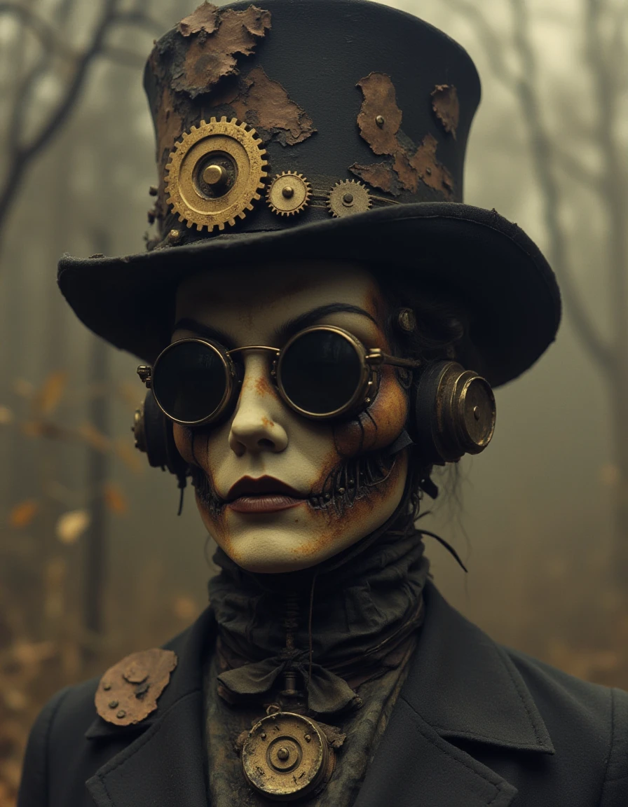 steampunk wearing a hat with gears style of novuschroma