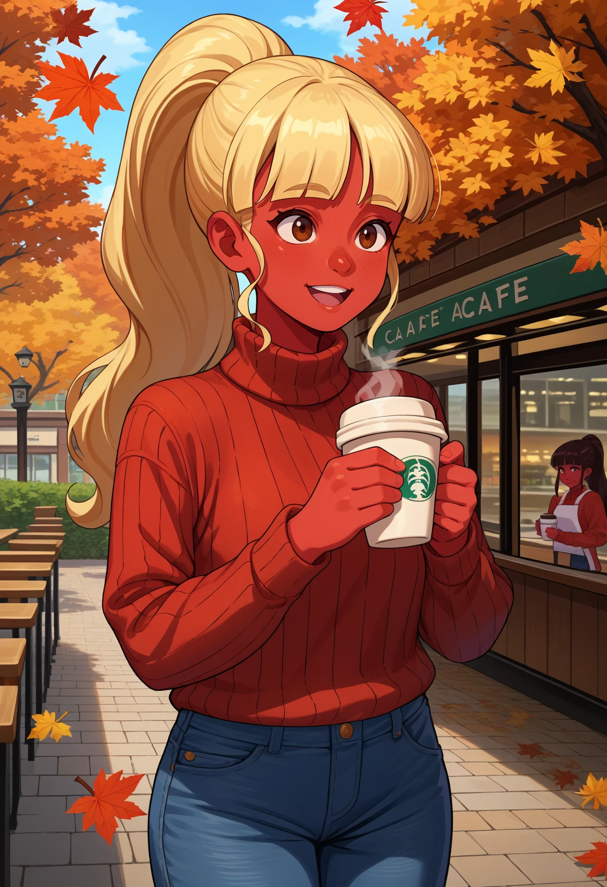 score_9, score_8_up, source_anime, 1girl, cowboy shot, happy, holding coffee cup, steam, <lora:JackieGoingUnder-pdxl:1> jackie, blonde hair, high ponytail, long hair, blunt bangs, brown eyes, red skin, ribbed sweater, jeans, outdoors, cafe, autumn leaves