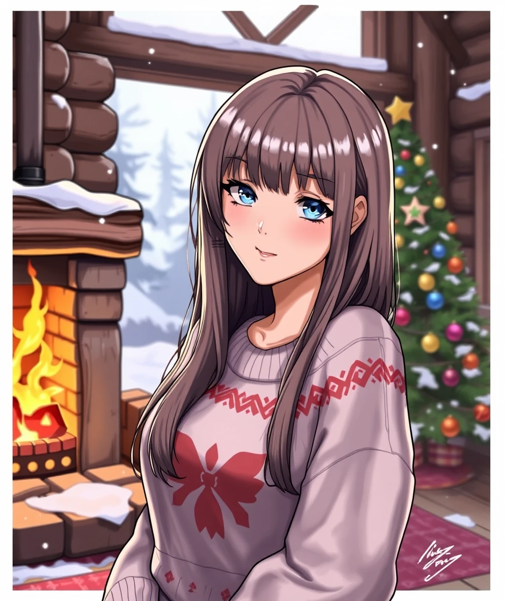 MikeyPie Art \(Artist\), 1girl, solo, (((portrait shot))), looking at viewer, blue eyes, long brown hair, Christmas sweater, background: indoors, winter log cabin with a burning fire place, Christmas tree