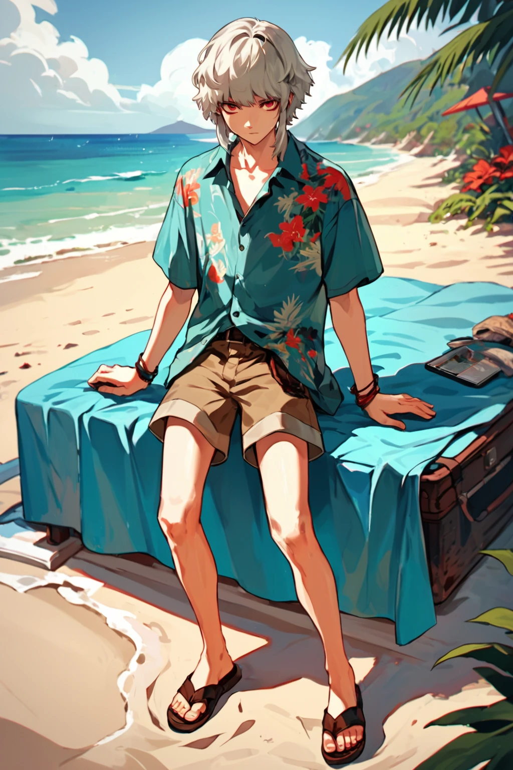 brother one, solo male focus, platinum hair, bob hairstyle, iridescent red eyes, tropical shirt, sandals, shorts, beach blanket, seaside, <lora:brotheronePXL:0.6>, (score_9, score_8_up, score_7_up)