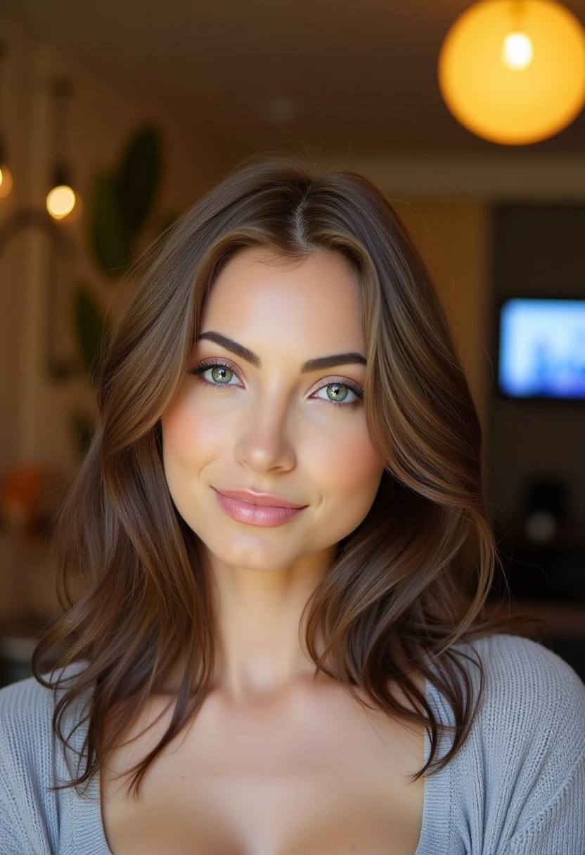 This is a high-resolution, color photograph of a young woman with a light complexion, long, wavy hair, and striking eyes. She has a soft, natural makeup look with a hint of blush on her cheeks and a light pink lip color. Her expression is neutral, with a slight smile. She is wearing a light grey, knitted sweater that has a subtle texture, suggesting warmth and comfort. The background is softly blurred, with a mix of warm and cool tones, indicating an indoor setting with ambient lighting. The blurred elements include a round yellow light fixture, a hint of greenery, and a blue and white screen, possibly a television or computer monitor. The overall lighting is soft and warm, creating a cozy and intimate atmosphere. The image has a shallow depth of field, focusing sharply on the woman's face while the background is out of focus, emphasizing her as the central subject. The photograph has a professional, studio-like quality, with careful attention to detail and lighting, highlighting her natural beauty and the serene ambiance of the scene. 4NN4L0U1S3