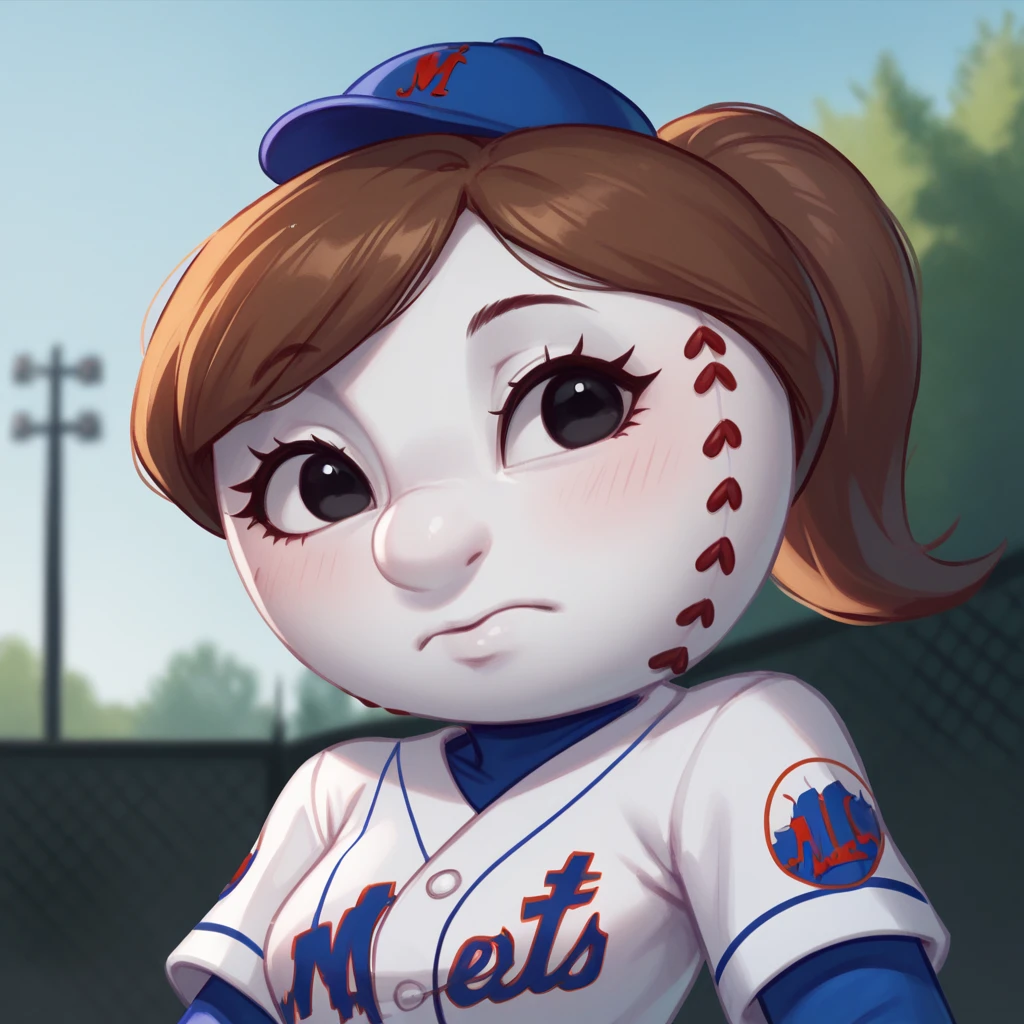 score_9_up, score_8_up, BREAK, MrsMet, 1girl, solo, brown hair, ponytail, black eyes, white skin, hat, baseball uniform, blue sleeves, upper body, depth of field,  <lora:MrsMet_NewYorkMets_PXL_Leaf1:1>