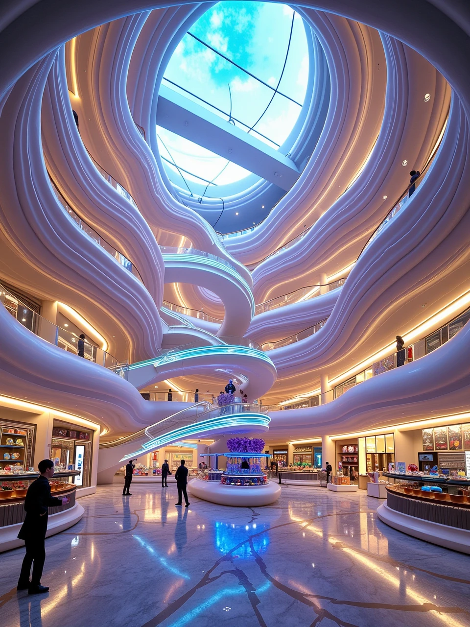 spacebylaushine,futurist-curve space,sci-fi space of the massive huge and multi-levels shopping mall interior,illuminated by the sun-rays from dome.There is an Escalator in center of the shopping mall,connecting the corridors of each level,the stores Evenly distributed on each floor