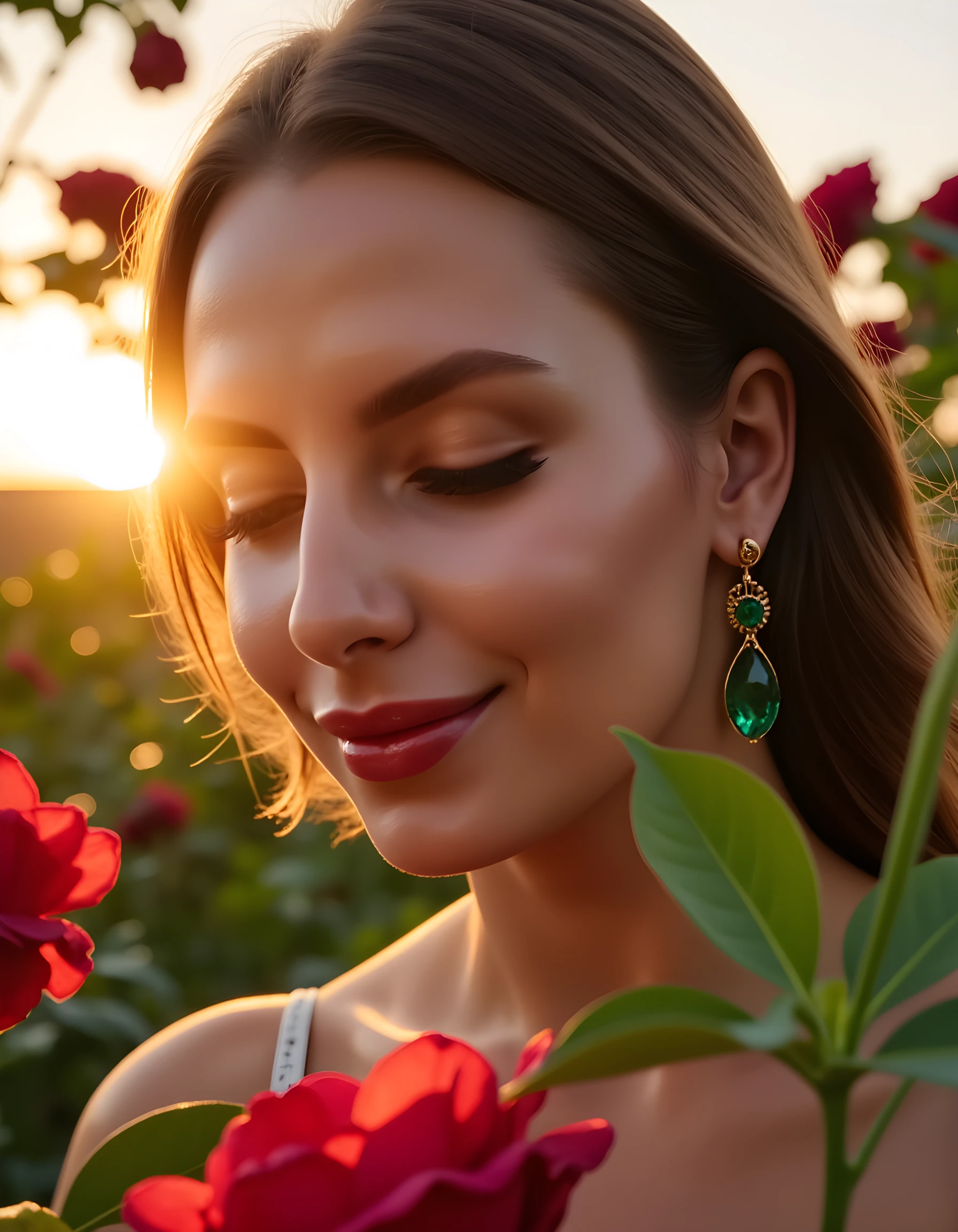 A high-definition close-up image captures LUB4U, a radiant woman with almond-shaped eyes framed by long, curled eyelashes and a dazzling pair of emerald earrings. The sun sets behind her, casting warm golden light that illuminates her caramel complexion. She stands amidst a lush, vibrant garden in full bloom, her delicate fingers gently touching the petals of a red rose as she closes her eyes, lost in a tranquil moment of contemplation. The camera angle is slightly below, emphasizing the elegance and beauty of her closed mouth, which subtly curls into a soft smile.