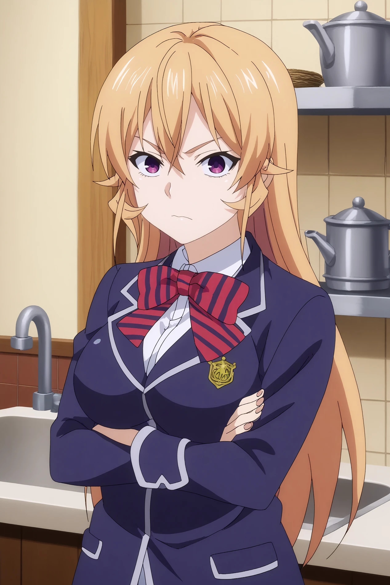  erina nakiri,1girl,solo,long hair,bangs,hair between eyes,school uniform,jacket,skirt,zettai ryouiki,,breasts,cowboy shot,looking at viewer,mature,upper body,crossed arms BREAK indoors,Cozy,white walls,small sink, marble countertop, herb pots, warm light, vintage stove behind,window with a garden, kitchen,orange brick wall,restaurant kitchen   <lora:Erina_Nakiri_-_Food_Wars.safetensors:0.8>