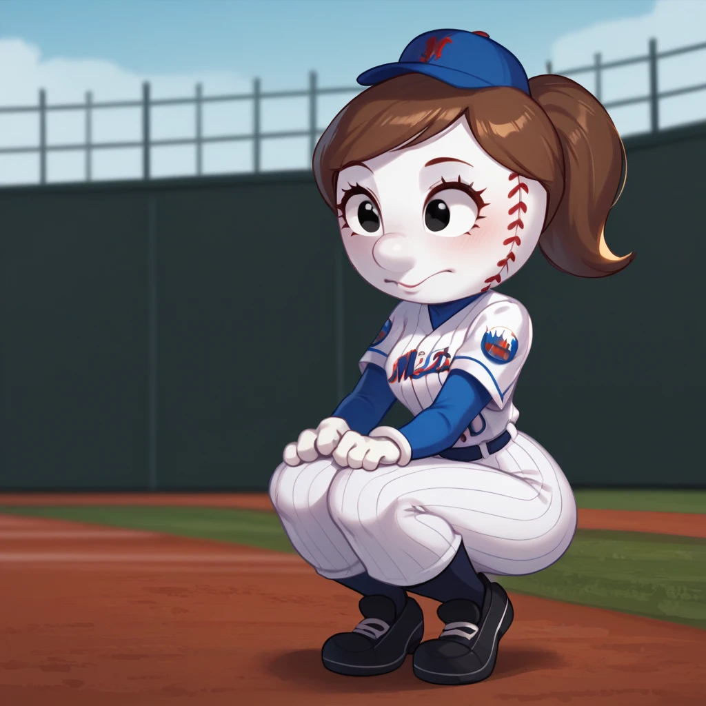 score_9_up, score_8_up, BREAK, MrsMet, 1girl, solo, brown hair, ponytail, black eyes, white skin, hat, baseball uniform,  black footwear, depth of field,  <lora:MrsMet_NewYorkMets_PXL_Leaf1:1>, squatting,