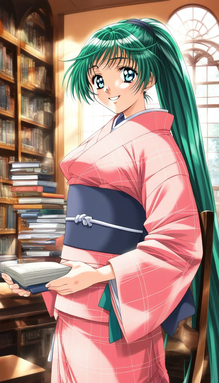 score_9, score_8_up, score_7_up, source_anime, rating_explicit, BREAK  <lora:Narahara_Narumi_XL:1>Narahara_Narumi, green hair, blue eyes, very long hair, ponytail, breasts,
1girl, solo, japanese clothes, book, pink kimono, window, smile, indoors, 1990s (style), long sleeves, bookshelf, looking at viewer, day, holding, retro artstyle, sash, chair, library, table, aqua eyes