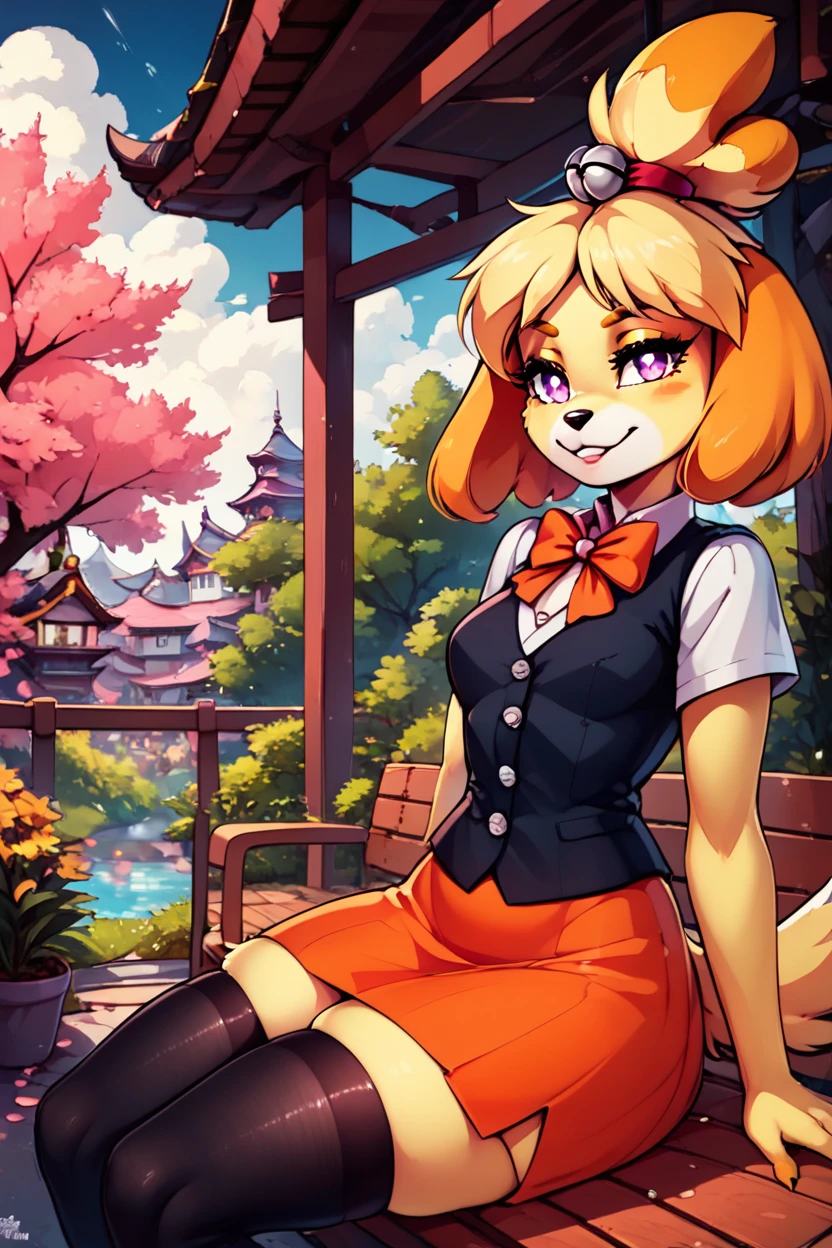 score_9, score_8_up, score_8, medium breasts, (curvy), cute, eyelashes,       BREAK, , zzFallIsabelle, short hair, blonde hair, animal ears, bow, furry female, dog girl, topknot, purple eyes, skindentation, animal nose, bright pupils, furry,  black vest, orange skirt, orange bowtie,  white shirt, short sleeves, collared shirt, black thighhighs,  <lora:FallIsabelle_PDXL_v2:0.8>, , BREAK, sitting on bench, side view, smile, looking at viewer, cowboy shot,  ,,, BREAK, pnkBldng, sky, day, cloud, tree, blue sky, building, architecture, east asian architecture,  ,,, BREAK, embedding:zPDXL, Expressiveh,  ,,, <lora:PinkBuildingsPDXL_v2:0.6>, <lora:SDXLFaeTastic2400:0.5>, <lora:Expressive_H-000001:0.4>