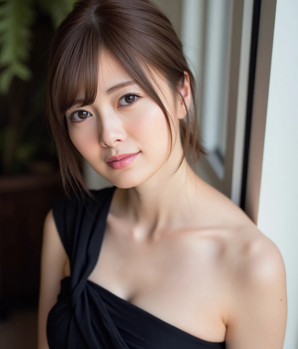 shiraishi, The image is a close-up portrait of a young Asian woman. She is looking directly at the camera with a serious expression on her face. Her hair is styled in a short bob with bangs that fall over her shoulders. She has a slight smile on her lips and her eyes are slightly squinted. The background is blurred, but it appears to be an indoor setting with a window and a plant visible. The woman is wearing a strapless black dress that is draped over her shoulder. The overall mood of the image is calm and serene.