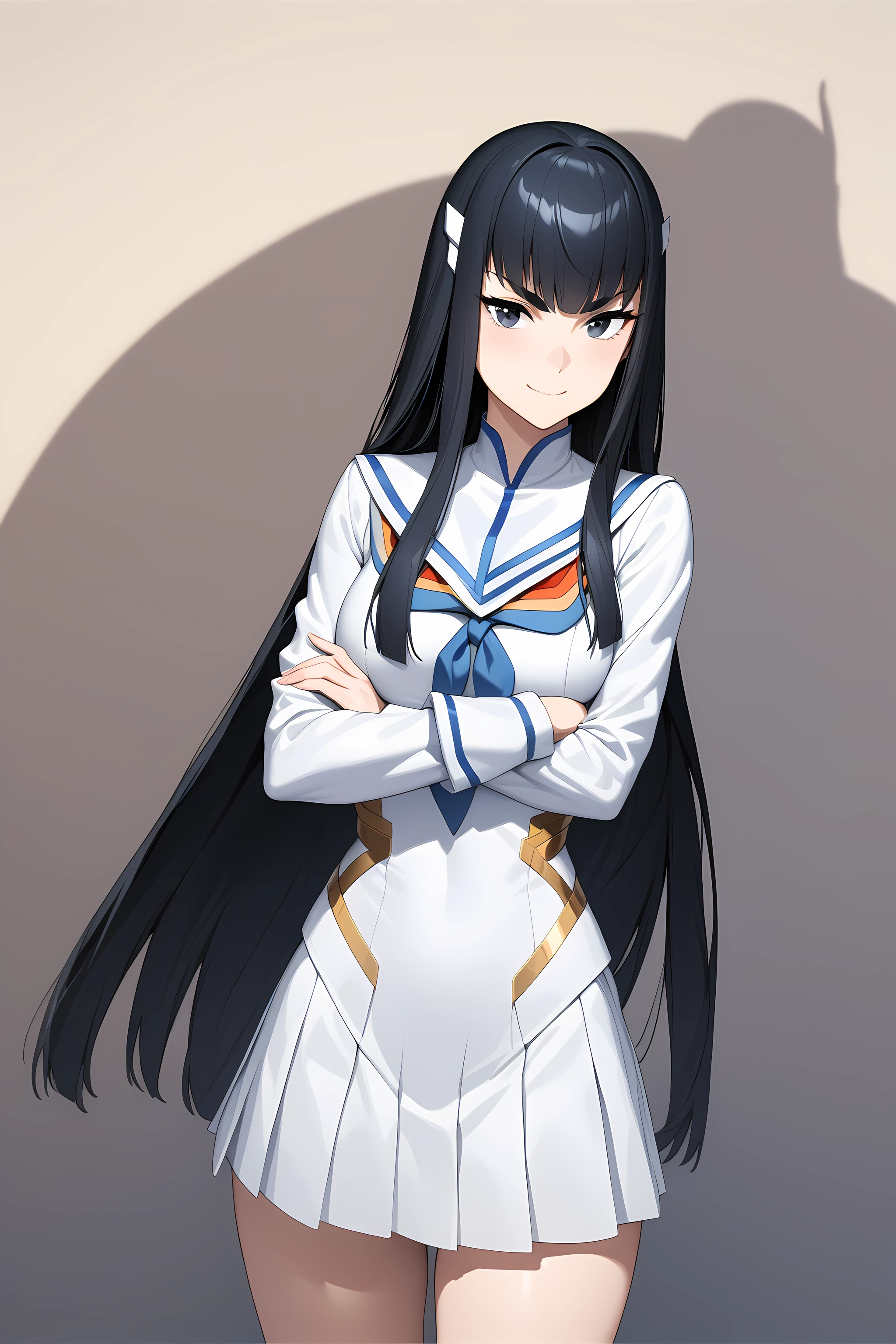 kiryuin_satsuki, black hair, long hair, schooluniform, white uniform, black eyes, cowboy shot, crossed arms, smile, <lora:Kiryuin_Satsuki_-_Kill_La_Kill:1>, (masterpiece),(best quality),(ultra-detailed),(best illustration),(best shadow),(absurdres),(detailed background),(very aesthetic),