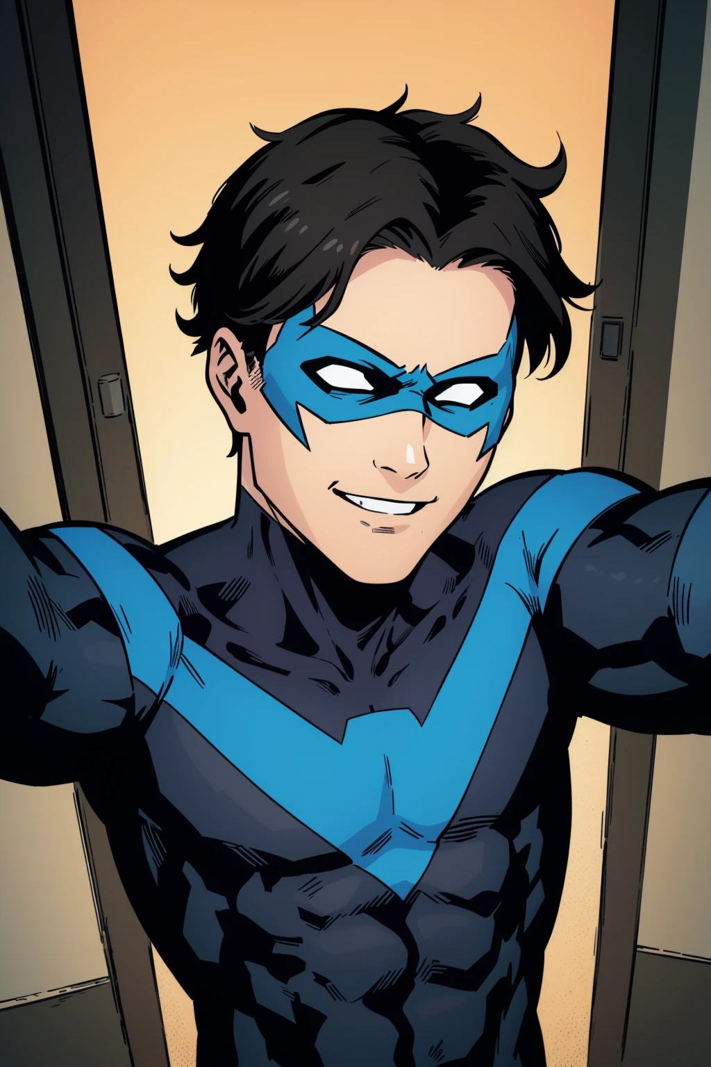 Nightwing,1boy,solo,black hair,short hair,domino mask,no pupils,black and blue bodysuit,superhero, selfie, pov, smile, masterpiece, Best quality