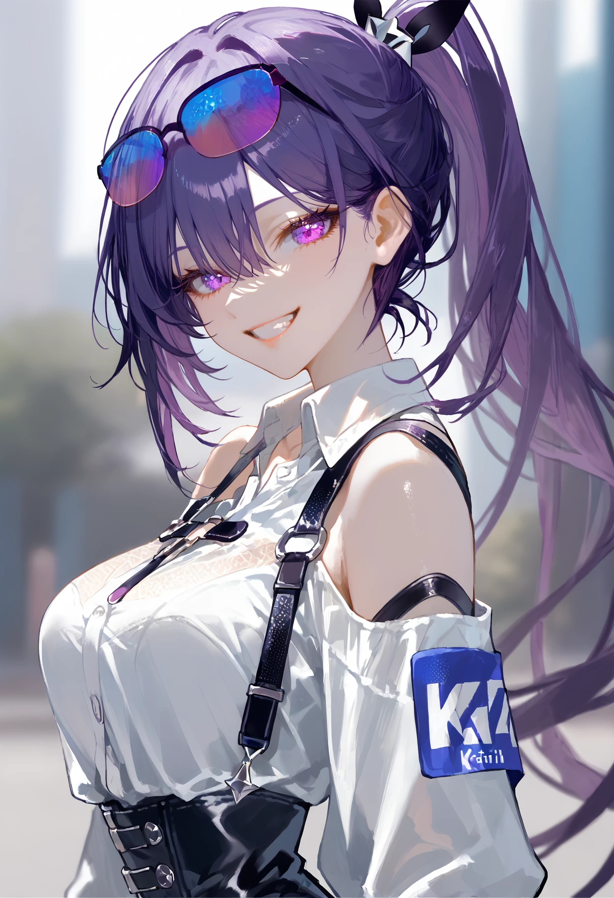 score_9, score_8_up, score_7_up, score_6_up, best quality, source_anime BREAK, UIIVstyle, 1girl, kafka (honkai: star rail), smile, purple hair, looking at viewer, eyewear on head, large breasts, purple eyes, high-waist shorts, white shirt, blurry background, bare shoulders, sunglasses, upper body, grin, long hair, ponytail, long sleeves, sidelocks, chest harness, from side, hair between eyes, shoulder cutout, pince-nez, collared shirt, <lora:UIIV:1>