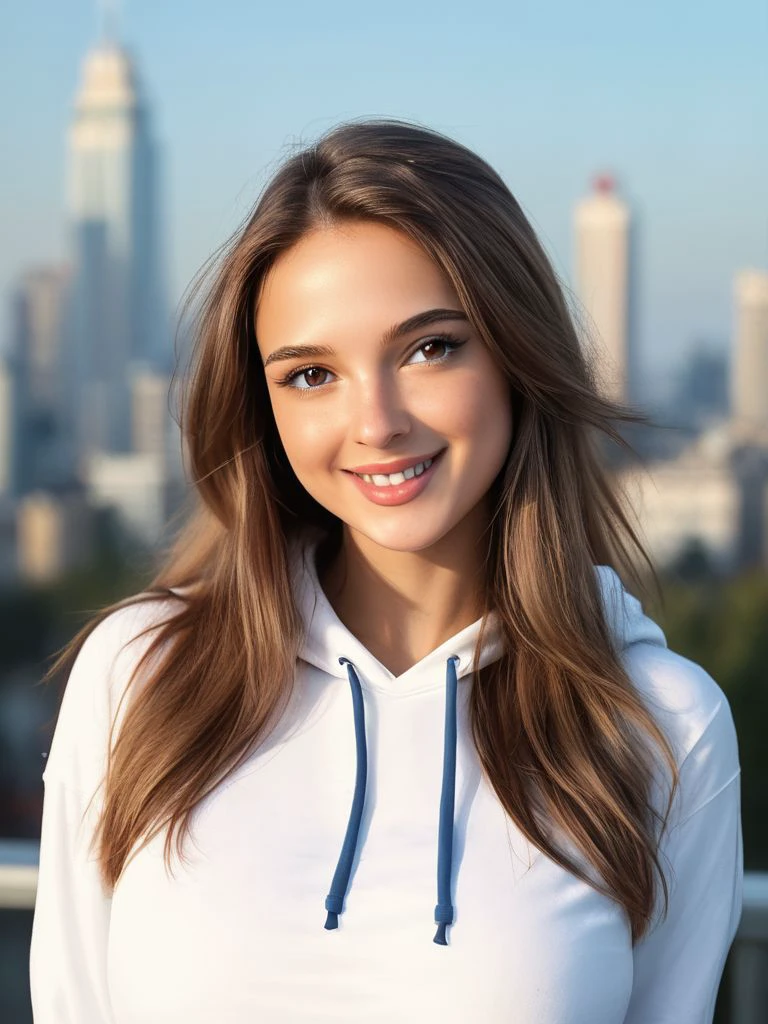 <lora:K4t3S4m_pdxl_v10:0.8>, K4t3S4m, 1girl, solo, long hair, looking at viewer, smile, upper body, Jersey Hoodie, cityscape, masterpiece, best quality, highly detailed, score_9, score_8_up, score_8, semi-realistic, photorealistic, <lora:add-detail-xl:0.9>, zPDXLrl, realistic eyes, hyper realistic eyes, pretty eyes,