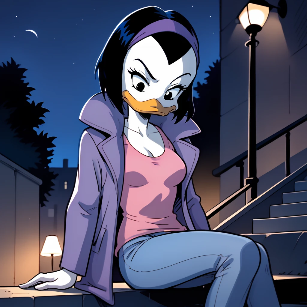 score_9, score_8_up, score_7_up, 1girl, solo, uncensored, kay-k, duck girl, bill, serious, looking down, leaning back, sitting on stairs, short black hair, purple hairband, white skin, purple coat, pink shirt, (blue jeans:1.1), outdoors, night, moody, lamppost, alley, night, dark  <lora:KayKXL_v1.1:1>