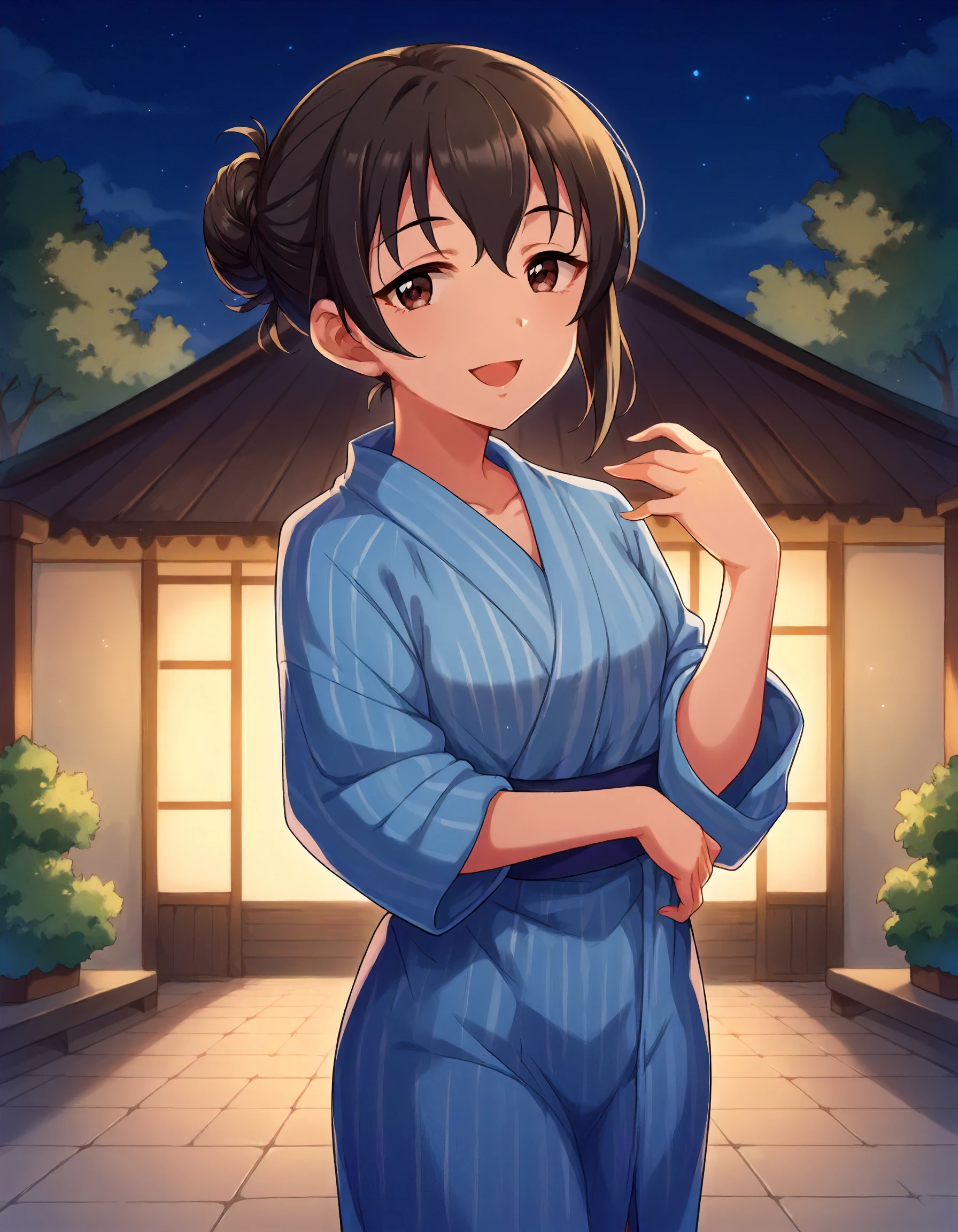 score_9,score_8_up,score_7_up,1girl,solo,cowboy shot,looking at viewer,smile,open mouth,outdoors,night,
<lora:fujiwarahajime_ponyXLV6:0.8>,cgfh,
black hair,single hair bun,brown eyes,
blue yukata