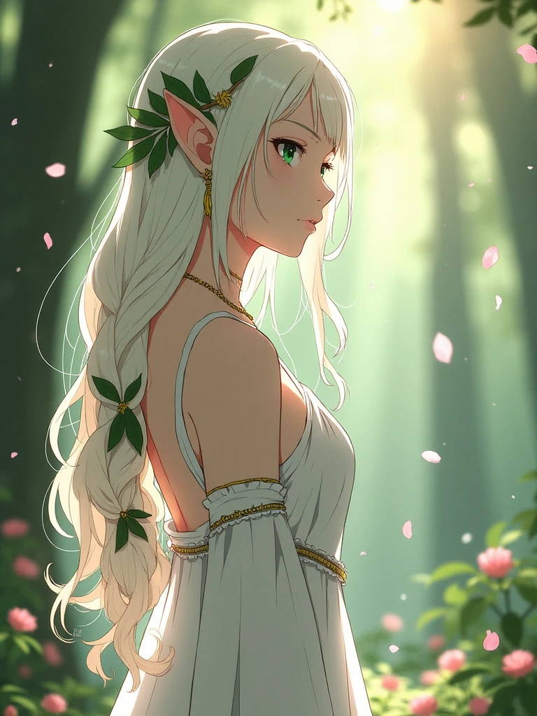 atori, a captivating image of a sweet elf girl resembling the greater lord Rukkhadevata. She stands in a lush forest setting, her profile visible as she looks away from the viewer. Her long white hair is styled in a side braid, adorned with a delicate leaf ornament. Pointy ears peek through her flowing locks, emphasizing her elven nature.

The girl's pale skin contrasts beautifully with her striking green eyes. She wears a white long dress with detached sleeves, revealing her bare shoulders and a hint of cleavage. Jewelry, including a bracelet, adds elegance to her appearance. Pink flowers and falling petals surround her, creating a dreamlike atmosphere. Sunlight filters through the trees, casting god rays from the right and creating a soft lens flare that bathes the scene in an ethereal glow. Her hair floats gently, as if caught in a mystical breeze, adding to the magical quality of this forest portrait.