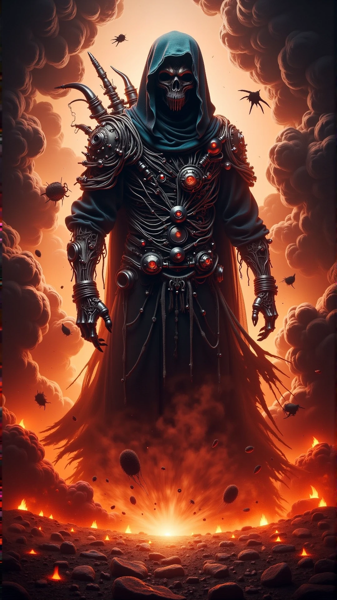 a photorealistic dark atmospheric scary violence an epic potrait of knowledge seeking cloaked tech priest, Adeptus Mechanicus, cybernetic enhancements, praise the omnissaiah, Zdzislaw Beksinski, Lewis Jones, mattias adolfsson, Warhammer 40K!!, cold hue's, warm tone gradient background, concept art <lora:DarkmosphericFluxV2:0.9>,