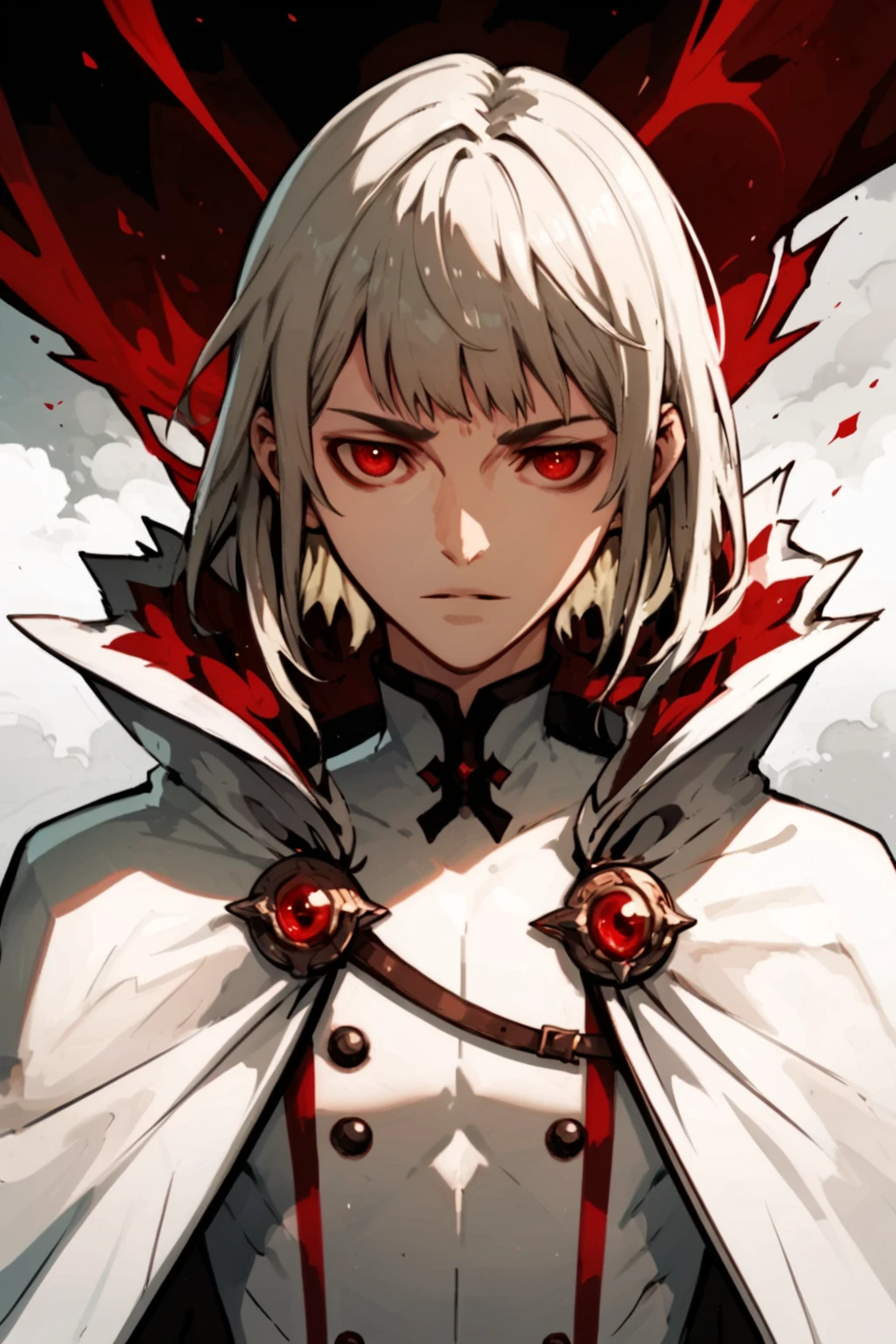 brother one, solo male focus, platinum hair, bob hairstyle, iridescent red eyes, white bodysuit, cape with red lining, dark fantasy, jrpg, <lora:brotheronePXL:0.8>, (score_9, score_8_up, score_7_up)