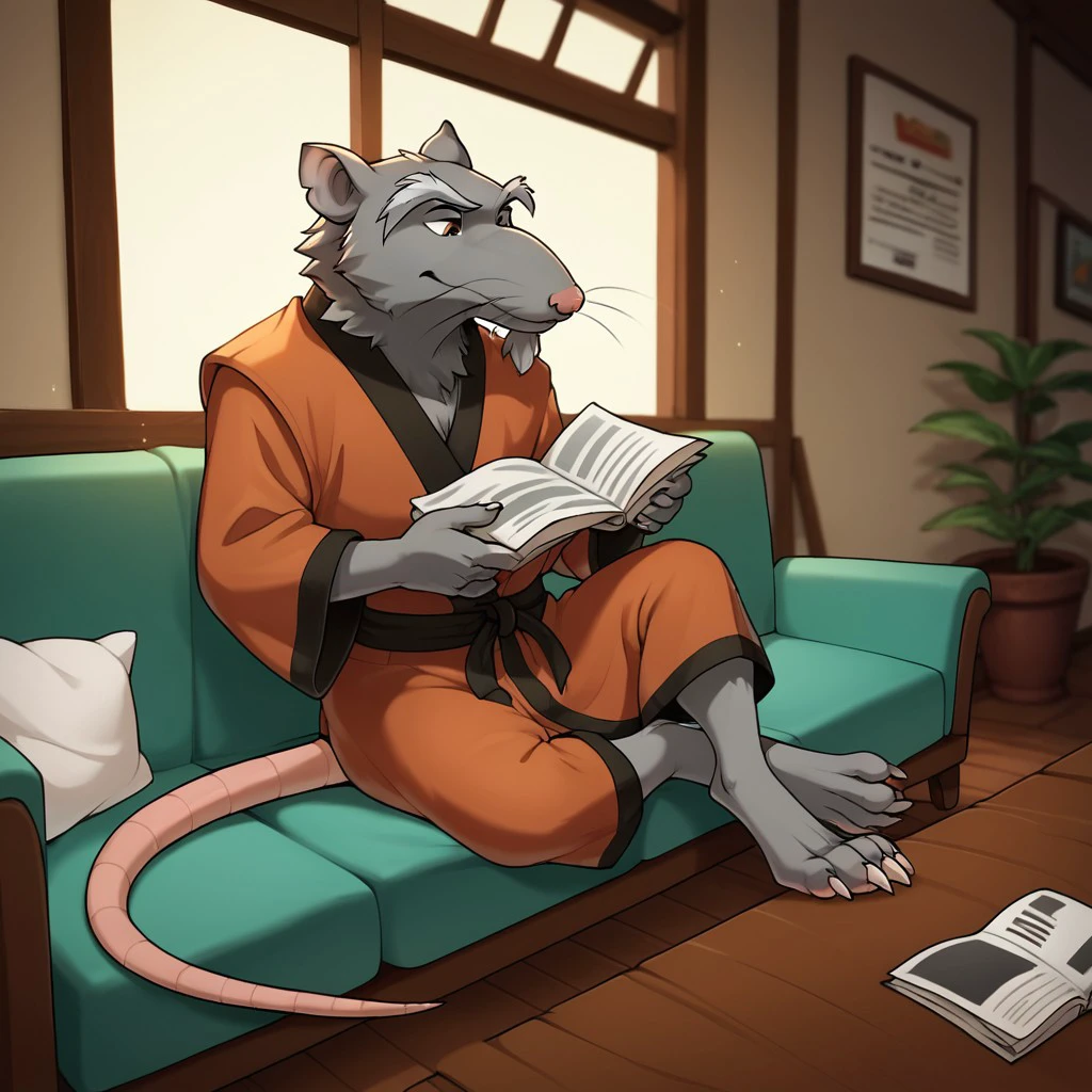 score_9, score_8_up, score_7_up, score_6_up, score_5_up, score_4_up, source_furry, Splinter03, anthro, male, rat, grey fur, rat tail, digitigrade, barefoot, inside, sitting on a couch, legs crossed,  red-orange kimono, reading newspaper,, <lora:67ce66f6-7060-4e4c-8eb0-83d12ae32932:0.7>