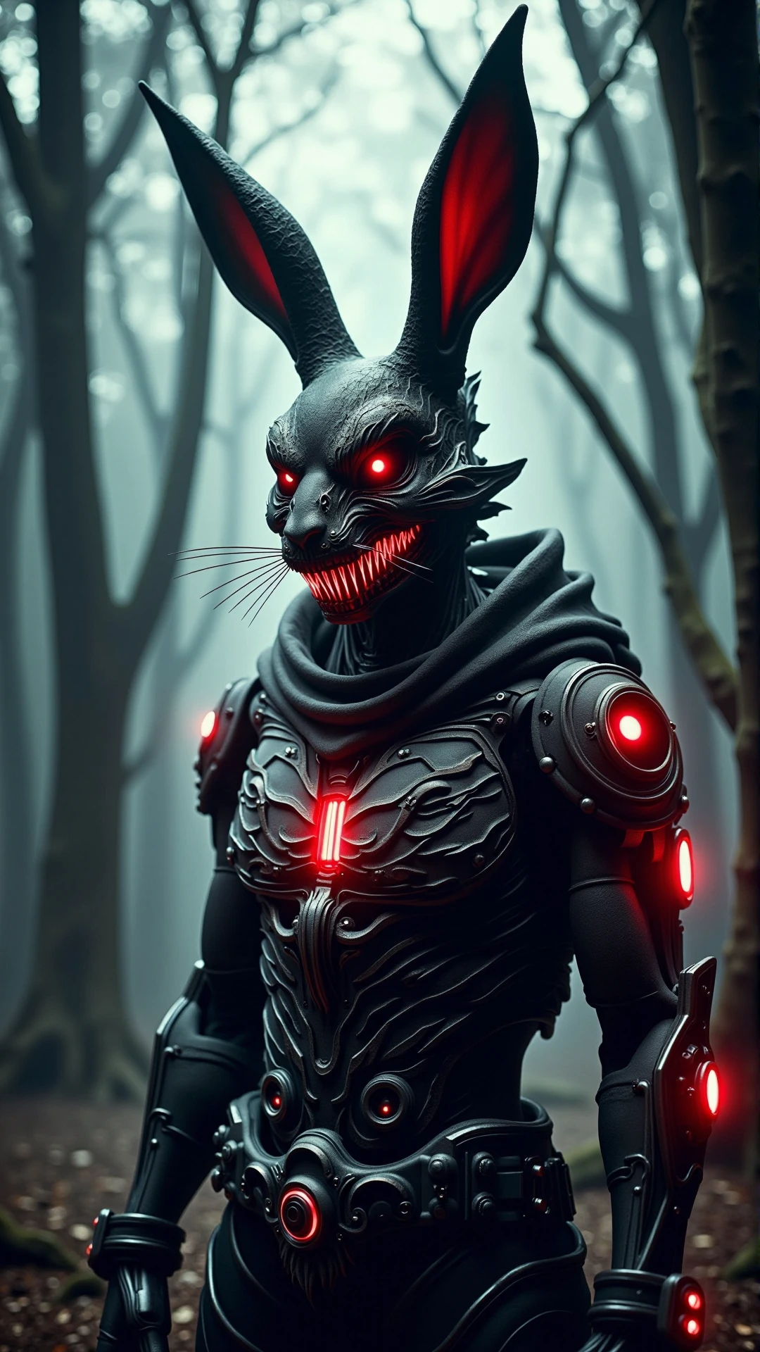 a photorealistic dark horror teeth darkness face portrait of a cyborg rabbit assassin standing in the forest, in black carbon and red fiber sci-fi armor, light coming off of the armor, tech wear, sci-fi, intricate, elegant, highly detailed, digital painting, artstation, concept art, smooth, sharp focus, illustration, trending on art station, dynamic lighting, cinematic, ultra detailed, fantasy concept art <lora:DarkmosphericFlux:0.65> professional studio photography