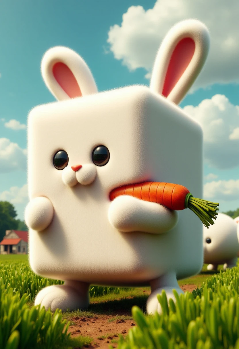 <lora:Cubic_Creature_Creator_FLUX:0.9>
The image is a highly detailed, digital artwork featuring a stylized, anthropomorphic bunny rabbit. The rabbit is depicted with a unique, cube-shaped body with white fluffy fur. it is eating a carrot on a farm.