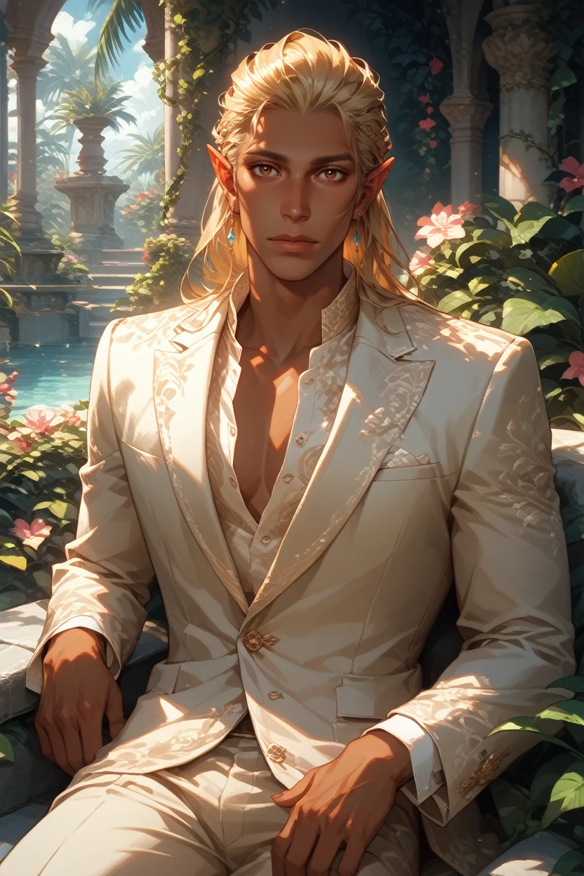 score_9, score_8_up, score_7_up,
<lora:DAZevran:0.8>
DAZevran, 1boy, blonde hair, brown eyes, pointy ears, tanned skin, looking at viewer, sitting on a stone bench in a Mediterranean courtyard, wearing a light linen suit, vines and flowers around, warm sunlight, elegant and relaxed mood