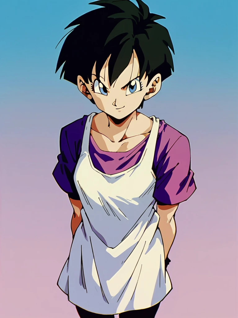 score_9, score_8_up, score_7_up,
1girl, videl, black hair, blue eyes, short hair, bangs, spiked hair,
smile, looking at viewer, purple t-shirt, short sleeves, white tank top, long tank top, black leggings, blue sky, arms at sides,