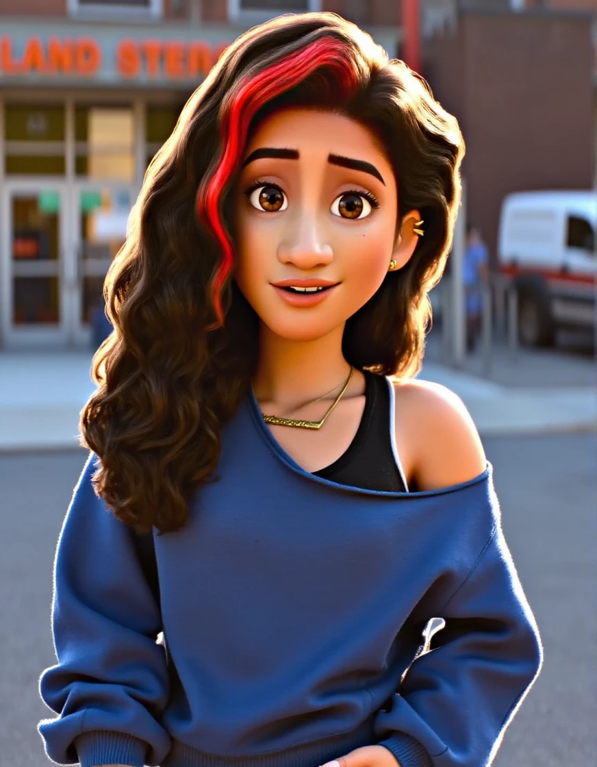 Upper body of valortiz. She is an animated girl with dark hair and red highlights and a blue shirt with her shoulder and tank top strap exposed. She stands at a 3/4 angle with a calm gentle closed-mouth smile looking at the viewer. She is outside a high school entrance and sunlight gleams through her hair. <lora:valortiz_flux:1>