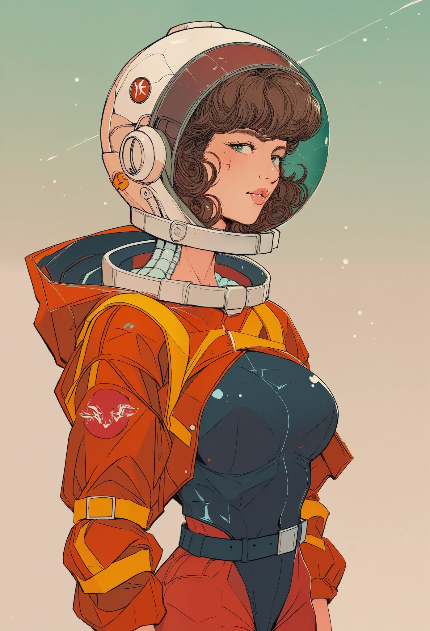 score_9, score_8_up, score_7_up,(a realistic photo in the retro art style), a retro-futuristic close-up portrait of a curvy and playful pin-up wearing a cosmonaut spacesuit floating in space, retro,