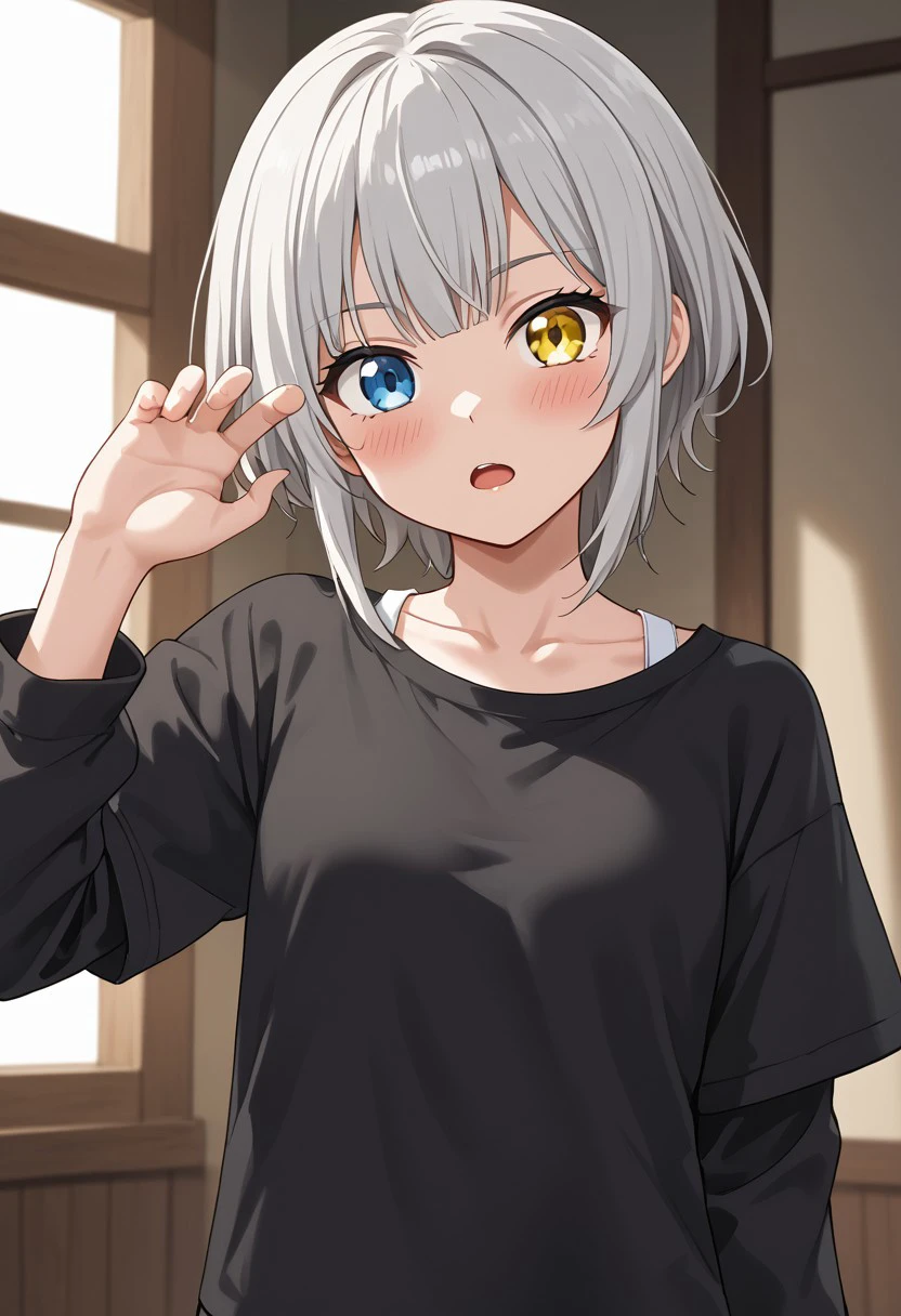 (masterpiece), best quality, expressive eyes, perfect face, raana, white hair, grey hair, (yellow eyes:1.1), (blue eyes:1.1), heterochromia, looking at viewer, blush, open mouth,  shirt, long sleeves, collarbone, short sleeves, cowboy shot, hand up, sleeves past wrists, black shirt, white strap