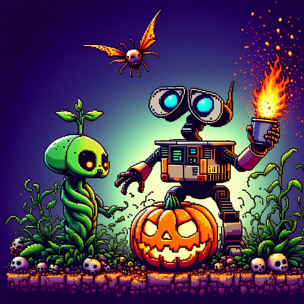 (Pixel  art style), zombie and plant, stupid baby cute, wall E,,fire fly,Epic Battle Scene: A Heroic Figure,twilight,realism, realistic ,weapon eletricthunder fantastic, ultrasharpness, tattoo design, Pumpkin,Skull,Bat , Jack o' lantern,halloween cosplay, high sharpness, high detaided