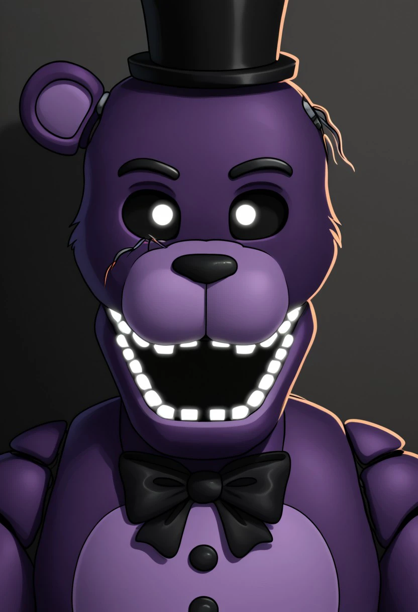 Shadow Freddy, Purple fur, Black bowtie, Black top hat, one ear, furry, animatronic, wires out of eye, wires out of head, withered body, buttons, glowing teeth, white pupil,  black sclera, Male. solo, portrait