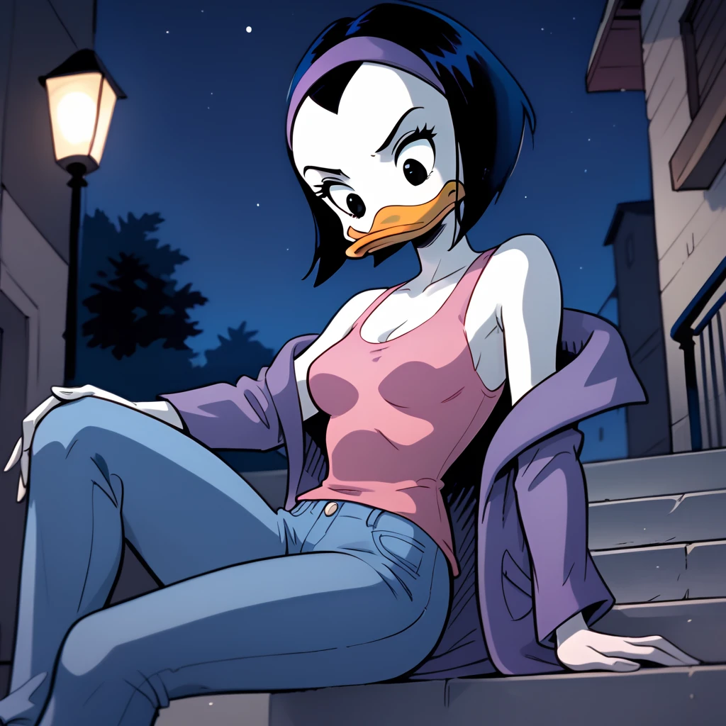 score_9, score_8_up, score_7_up, 1girl, solo, uncensored, kay-k, duck girl, bill, serious, looking down, leaning back, sitting on stairs, short black hair, purple hairband, white skin, purple coat, pink shirt, (blue jeans:1.1), outdoors, night, moody, lamppost, alley, night, dark  <lora:KayKXL_v1.1:1>