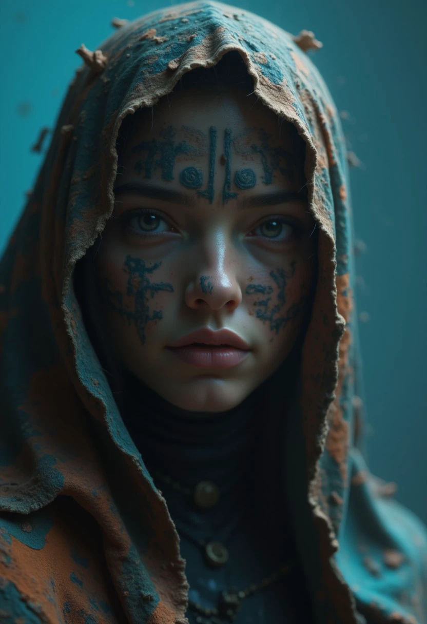 an ancient, cloaked female figure with piercing eyes, face covered in dust and dirt, their face wrapped in fabric adorned with extremely intricate hieroglyphs, set against an abstract, polygonal blue gradient background. The cloth appears worn and frayed, with strands of cobwebs catching the light, evoking a sense of age and decay.