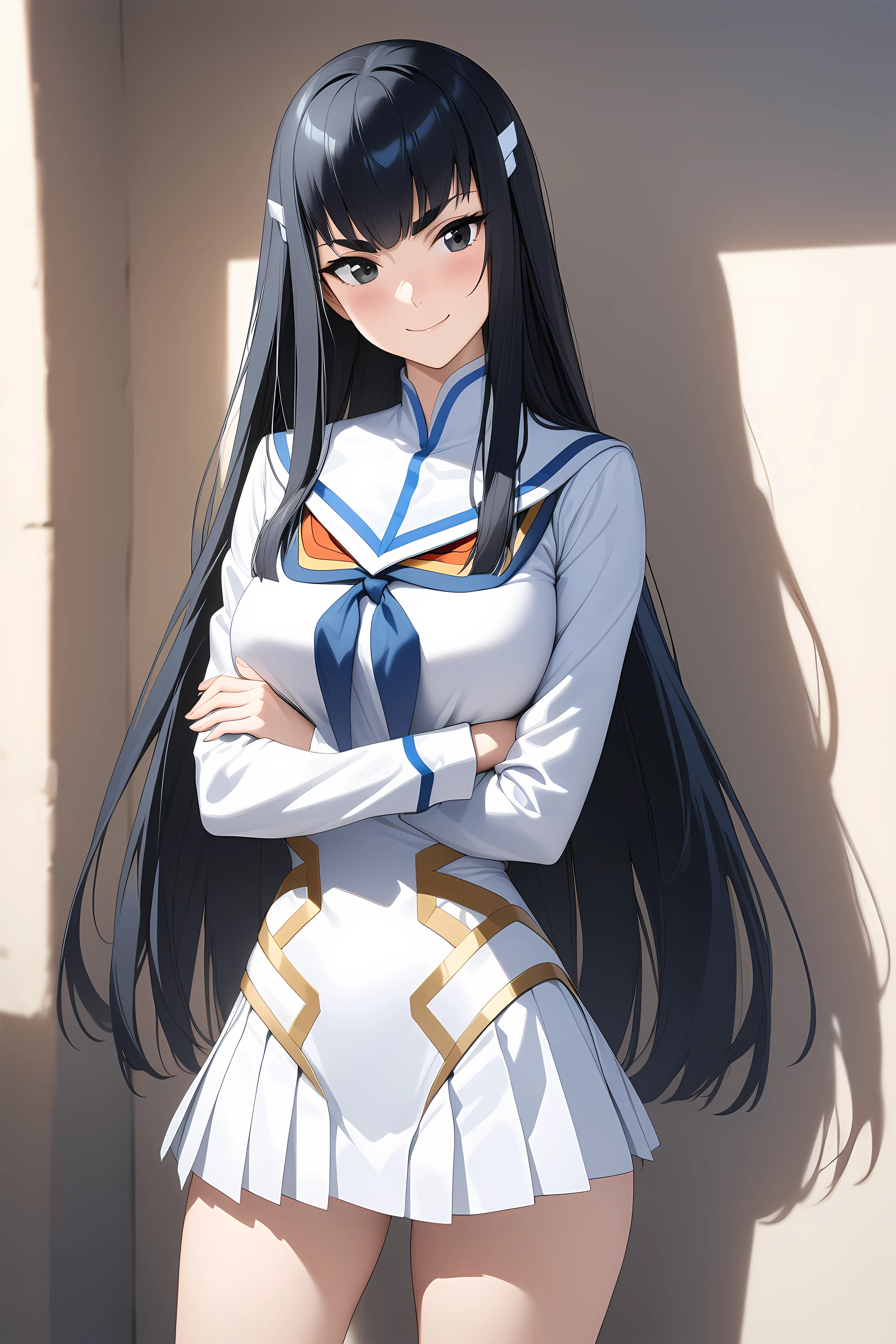 kiryuin_satsuki, black hair, long hair, schooluniform, white uniform, black eyes, cowboy shot, crossed arms, smile, <lora:Kiryuin_Satsuki_-_Kill_La_Kill:1>, (masterpiece),(best quality),(ultra-detailed),(best illustration),(best shadow),(absurdres),(detailed background),(very aesthetic),