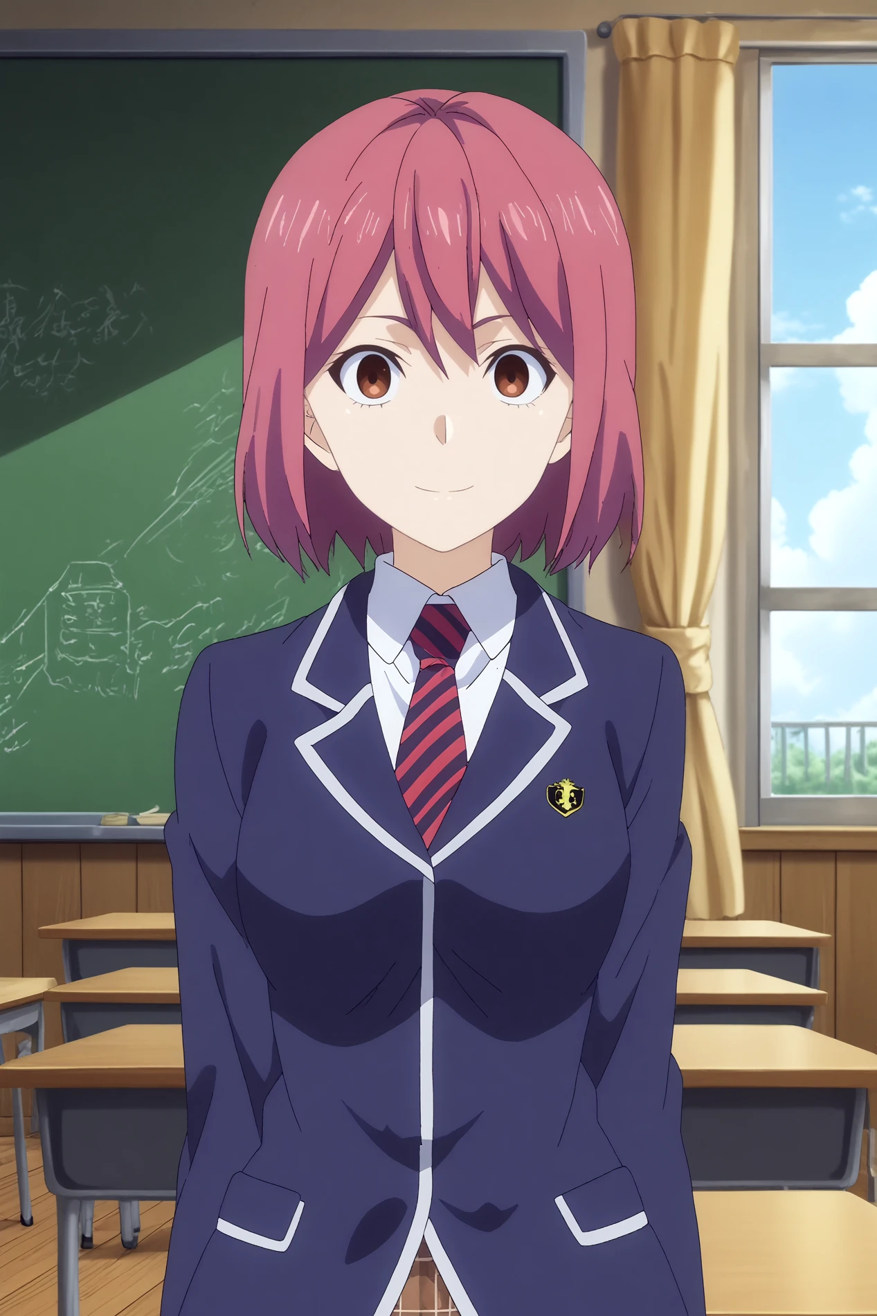 hisako arato,1girl,solo,school uniform,short hair,pink hair,red eyes,necktie,stripped necktie,blazer,plaid skirt,looking at viewer,mature,upper body,smile BREAK indoors,japanese classroom,classroom,simple decor, organized shelves, neat rows, kanji on the board,windows,blue sky,Wooden floors, low desks, chalkboard, sliding doors, sunlight, quiet, neat rows, plants  contrapposto,  <lora:Hisako_Arato_-_Food_Wars.safetensors:0.8> <lora:detailed_backgrounds_v2.safetensors:0.8>