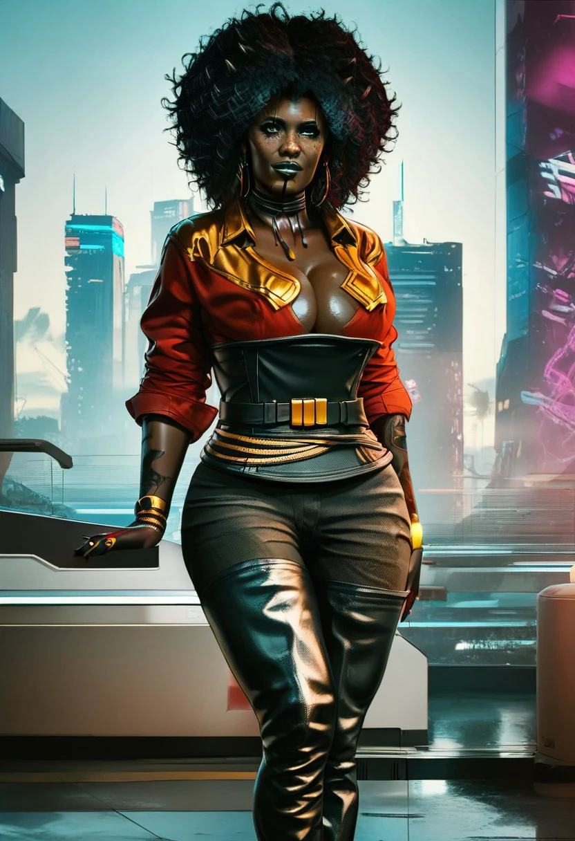 Denny2077, 1girl, solo, black hair, afro, very dark skin, dark skinned female, jewelry, large breast, earrings, boots, lips, brown eyes, cleavage, pants, thighhighs, bracelet, rings, shirt, belt, corset, freckles, curly hair, baseball bat, golden bat, choker, necklace, high heels, over the knee boots heels, makeup,seductive pose,sexy pose,red shirt,black pants,city, cyberpunk, city of the future,
score_9, score_8_up, score_7_up, beautiful aesthetic, very intricate, high quality details,vibrant, highly detailed, award-winning, professional,anime artwork, anime style, studio anime, athletic, toned female,muscular milf,curvy body, athletic girl,fit girl, perky tits,huge breast,perfect tits, round breasts, nipple outline,looking at viewer, pinup pose,teasing, dynamic lighting, cinematic, smug, better than you, aura of temptation, highly detailed, high resolution, masterpiece, detailed clother, detailed background, highly detailed, ((sound effects)) comic layout,Cyberpunk,