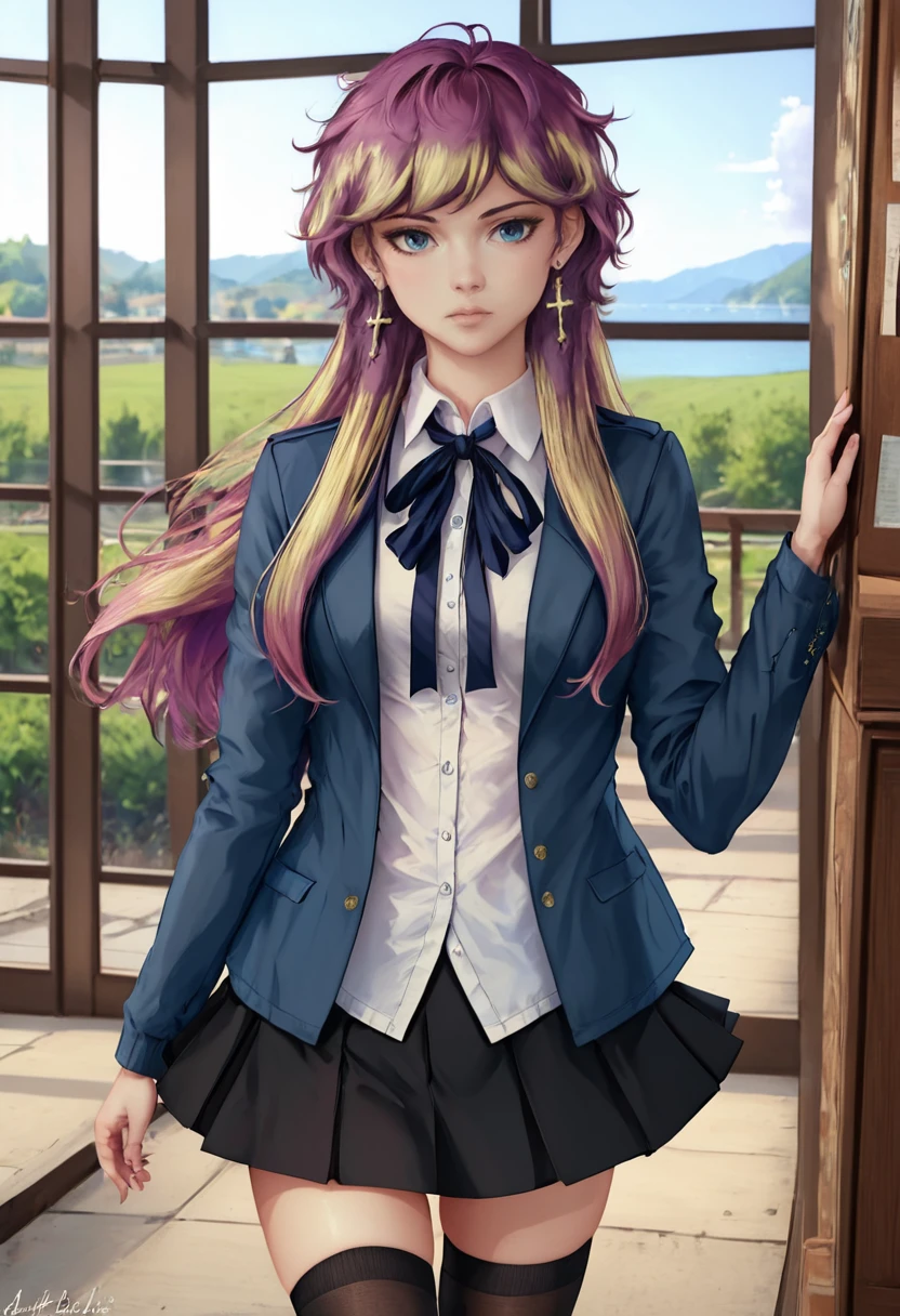 (masterpiece, best quality:1.2), solo, 1girl, seraphina, looking at viewer, blue jacket, shirt, neck ribbon, skirt, black skirt, thighhighs, cross earrings, standing, <lora:Seraphina (3):1>,