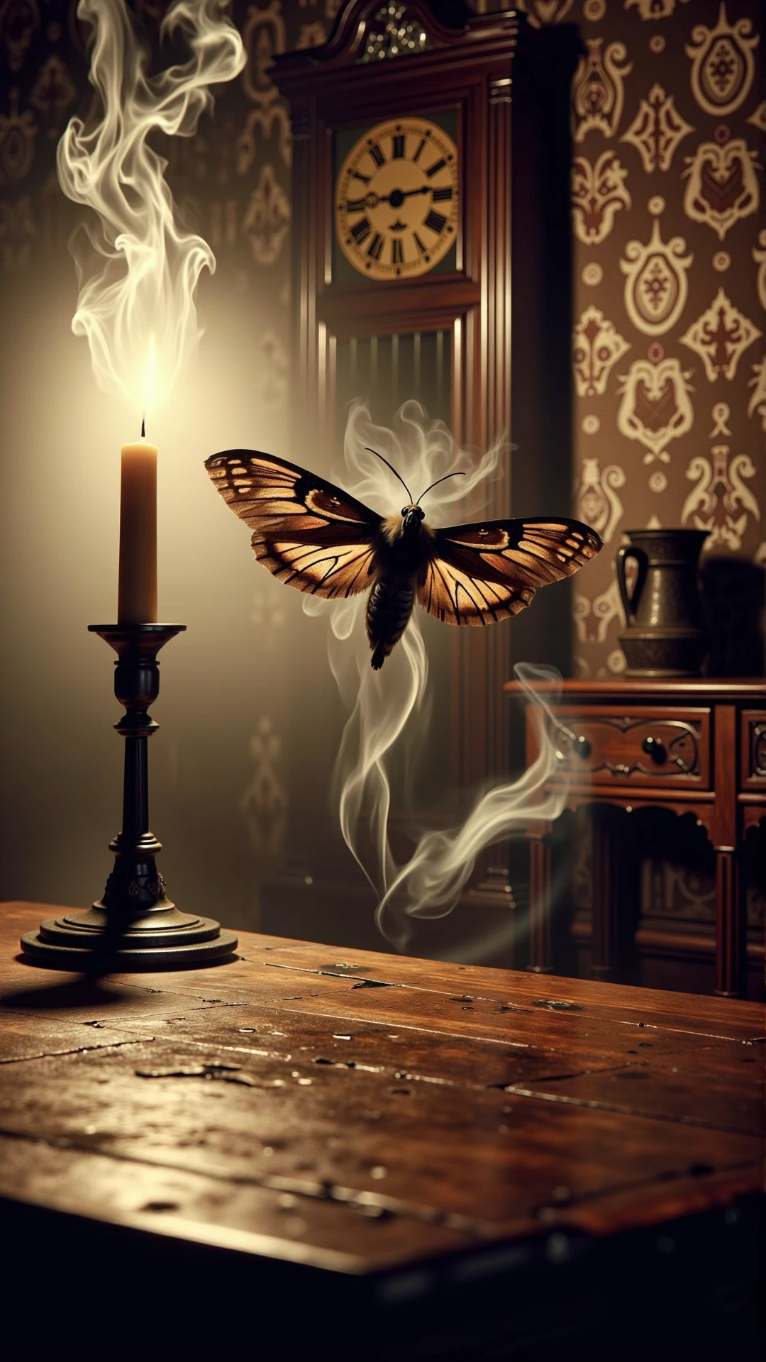 A stunning horror a professional (film grain:1.2) photography, realistic photo of a dark cursed atmospheric smoking AHaunted Dimly lit room, single lit candle on wooden table, antique grandfather clock in background, moth's viewpoint, intricate patterns on walls, warm colors, shadows, detailed texture, close-up, vintage atmosphere, chiaroscuro, detailed realism, high-resolution, dramatic contrast, detailed reflection on wooden surfaces, soft and fuzzy moth in motion, detailed wings and body, night scene, serene and peaceful mood, calm and relaxing atmosphere., gas spirit rising up, high resolution photography, ultra resolution, 4k, 8k, 16k, HDR, DOF, studio photography, professionalism<lora:AHauntedFlux:0.9>photography,close-up shot,low camera angle,direct perspective,detailed freckles skin,low key lighting,(selfie:1.4),shot on Ricoh GR III with GR 18.3mm f-2.8