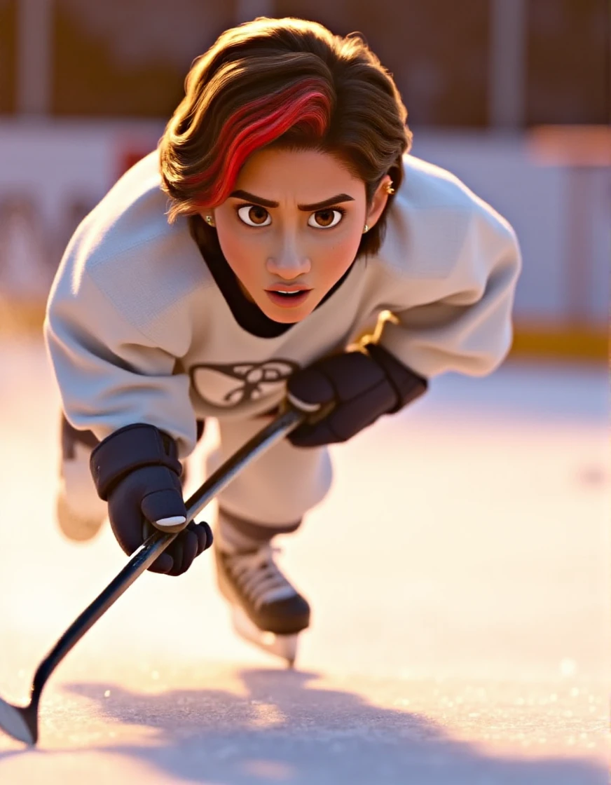 CG animated  movie shot zoomed in on valortiz.  She has  dark hair and red highlights in a ponytail and is on an ice rink wearing a white hockey outfit and holding a hockey stick.  She races down the rink towards the viewer  with a determined focused expression on her face.  Dynamic action, mouth closed, motion blur, hyperdetailed, vivid golden lighting, depth of field, flecks of ice spraying through the air,  cinematic,   <lora:valortiz_flux:0.8>