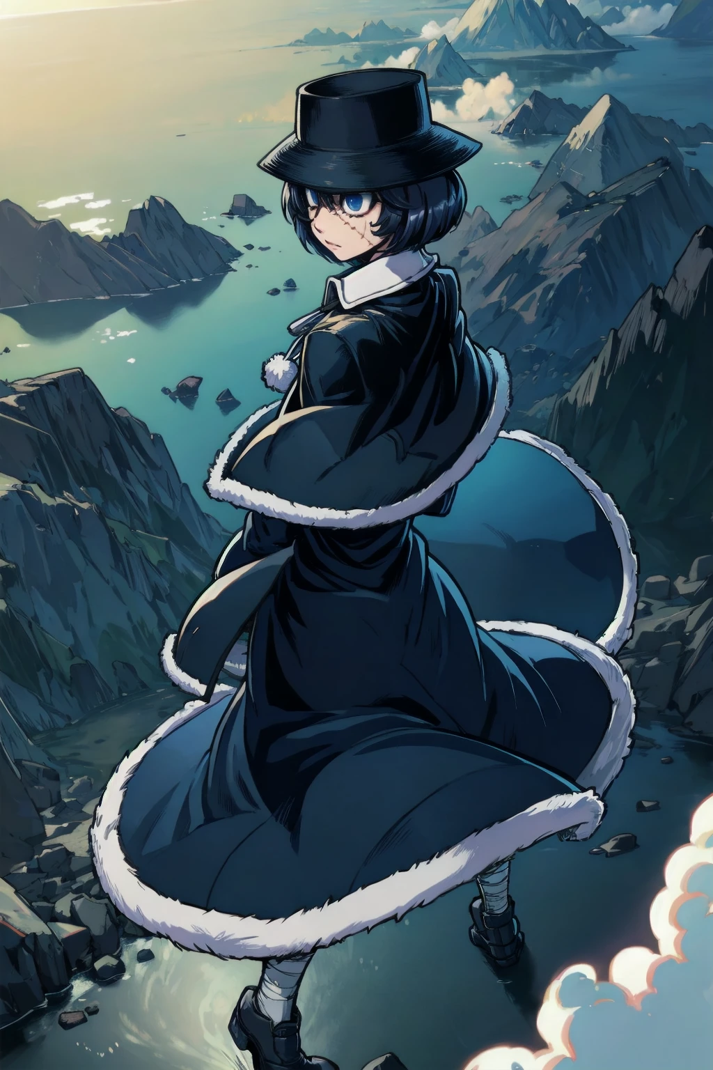 (Highres), (Detailed Illustration), Ultra-Detailed, 8k, detailed background, best quality, masterpiece, comic,novel illustration, backlighting, detailed cloudy sky, (masterpiece),best quality,official art, extremely detailed CG unity 8k wallpaper,1girl, solo, ultra high res, veronika , short hair,stitches, hat, scars , black hair, bandages, blue eyes ,coat,capelet,face focus, <lora:veronika:0.9>,