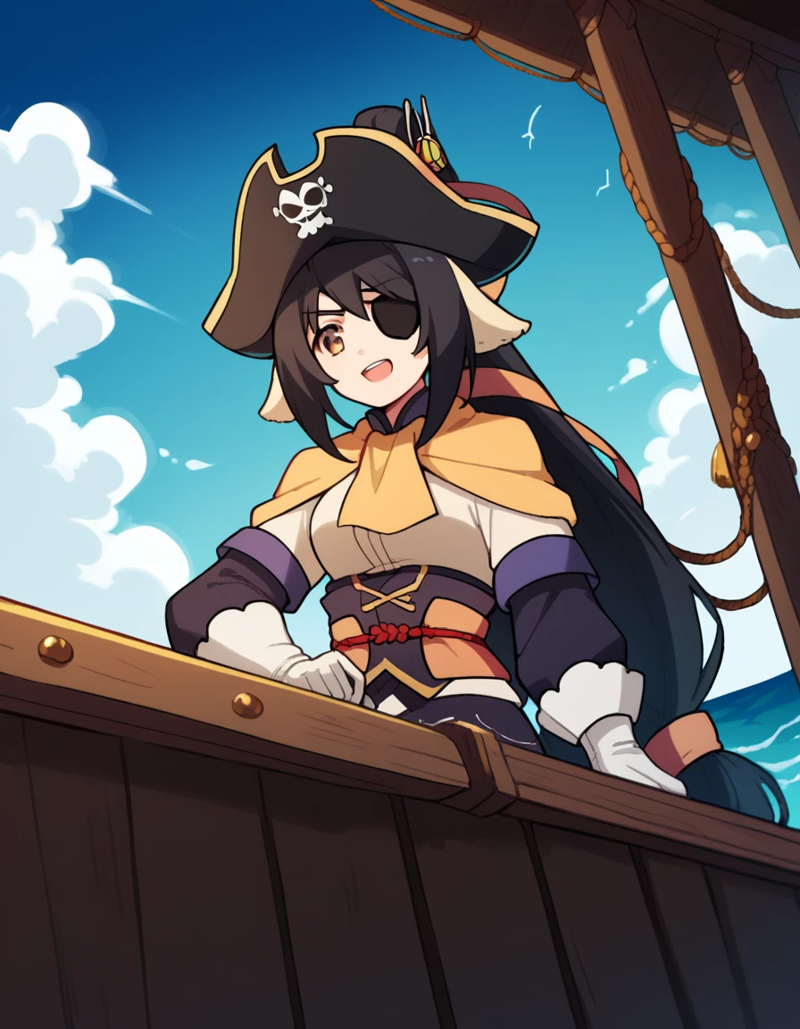 score_9, score_8_up, score_7_up, source_anime, <lora:utawarerumono-kuon-s2-ponyxl-lora-nochekaiser:1>, kuon, long hair, black hair, hair ornament, animal ears, brown eyes, very long hair, ponytail, low-tied long hair, medium breasts,, <lora:pirate-costume-ponyxl-lora-nochekaiser:1>, pirate costume, pirate hat, skirt, gloves, jacket, shirt, eyepatch,, blue sky, sea, ocean, pirate ship, treasure, gold, smug, open mouth, from below, sitting,, , dutch angle, cowboy shot