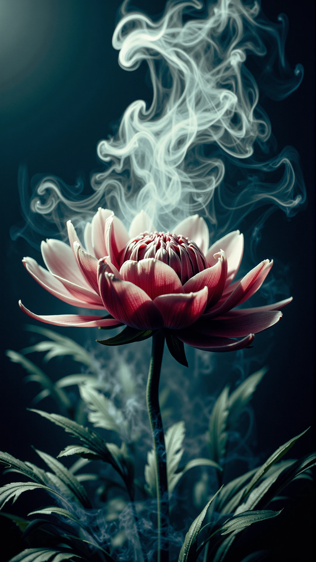 A stunning horror a professional (film grain:1.2) photography, realistic photo of a dark cursed atmospheric smoking AHaunted Peony, gas spirit rising up, high resolution photography, ultra resolution, 4k, 8k, 16k, HDR, DOF, studio photography, professionalism<lora:AHauntedFlux:0.75>photography,eye-level shot,centered subject,portrait orientation,(8k,RAW photo,best quality,masterpiece:1.2),depth of field,laser lighting,(solo focus,one frame),(front view:1.2),shot on Sigma fp with Sigma 45mm f-2.8 DG DN