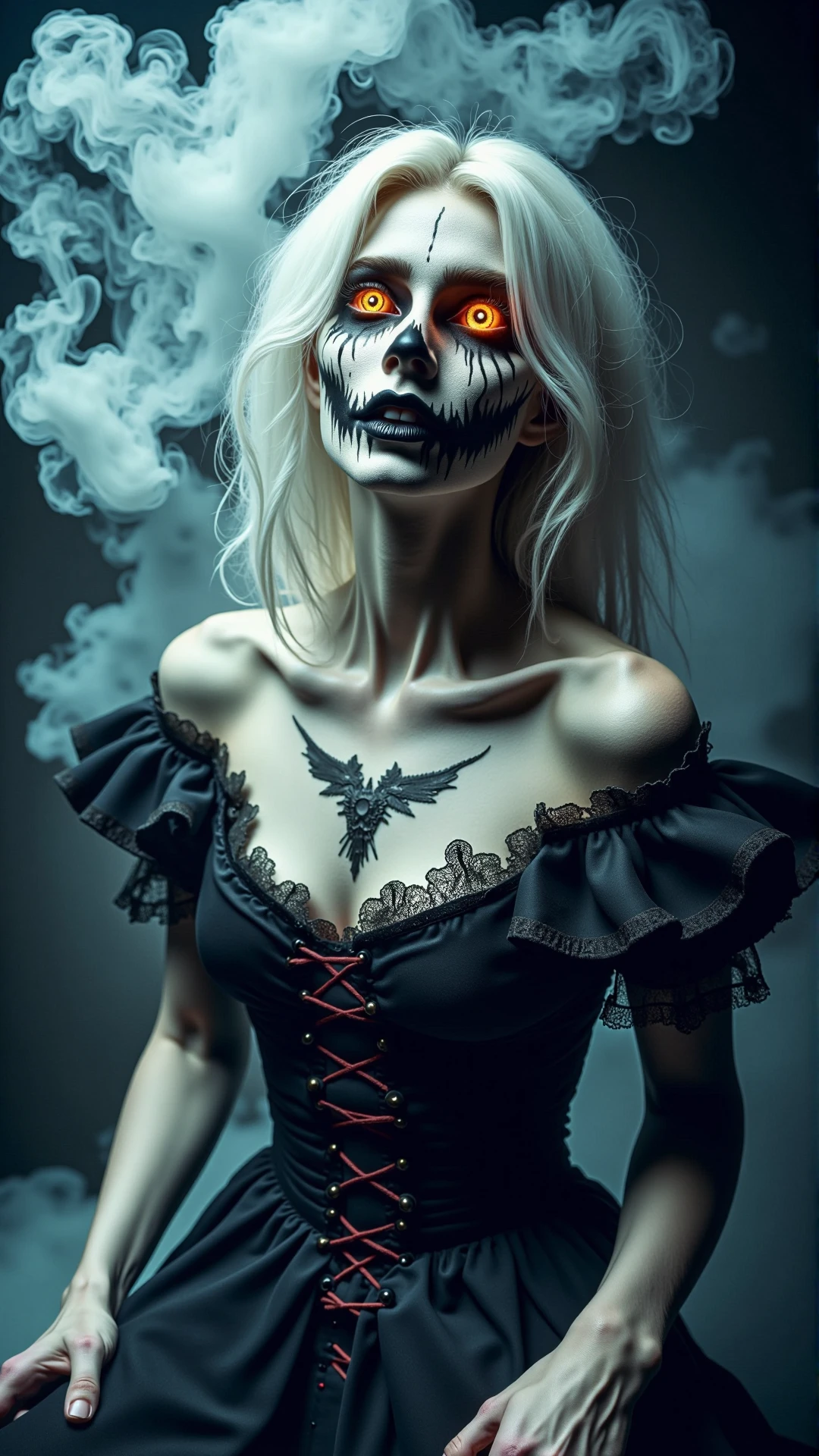 a photorealistic dark horror ominous wickedness Demonic beautiful vampire white-haired young woman mistress of death mourning widow vintage gown with a faint smile dark lipstick macro golden iris wearing dark clouds fog smoke and fire as clothes, colourful trending artstation, detailed portrait academic caravaggio Bouguereau, sharp focus medium shot <lora:DarkmosphericFlux:0.75> professional studio photography