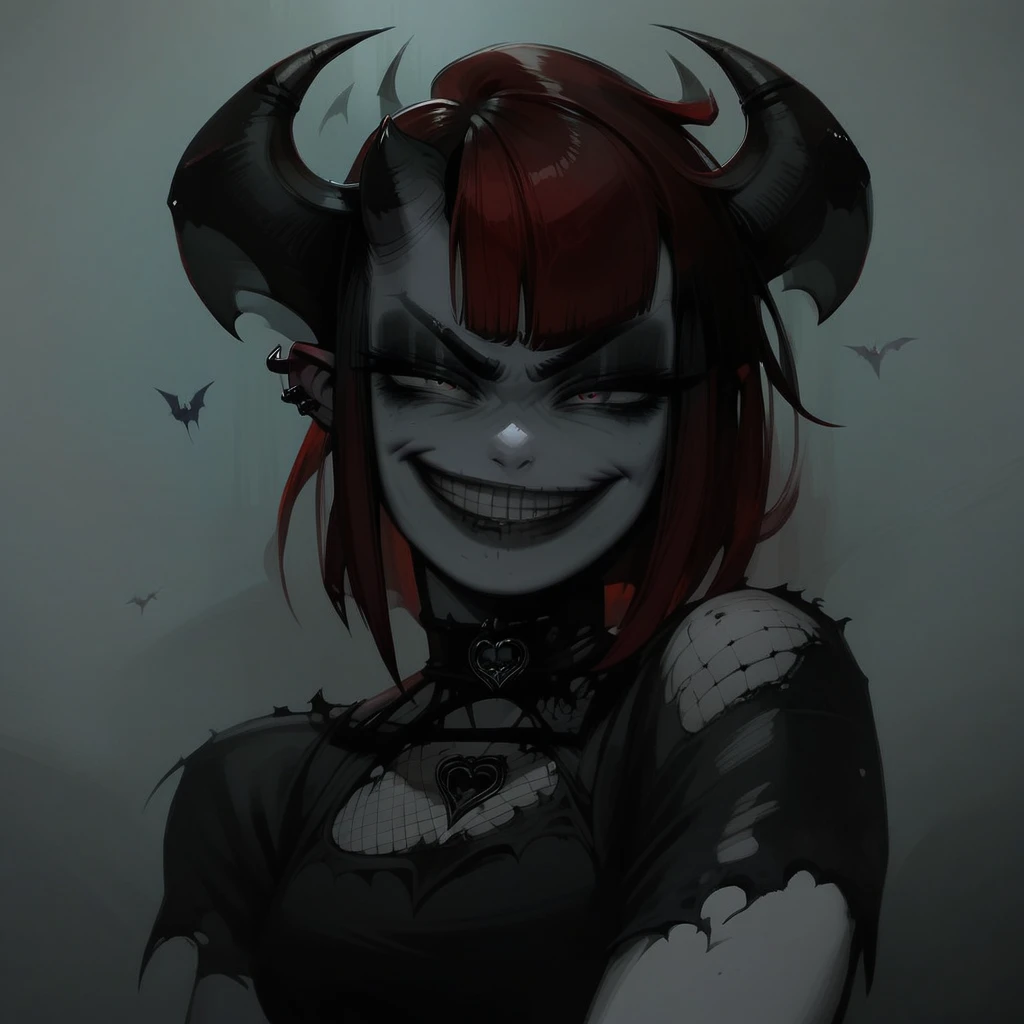 a little devil with a huge head, slender body, a single eye, body covered in black fabric, elongated fingers, extremely large mouth with sharp white fangs, two small horns on the head and small wings next to them, one-eyed evil look, hellish background